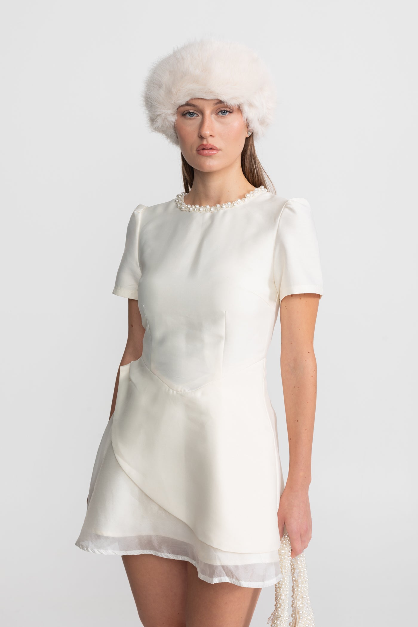 Pearl-Trim Satin Mini Dress - Ivoire