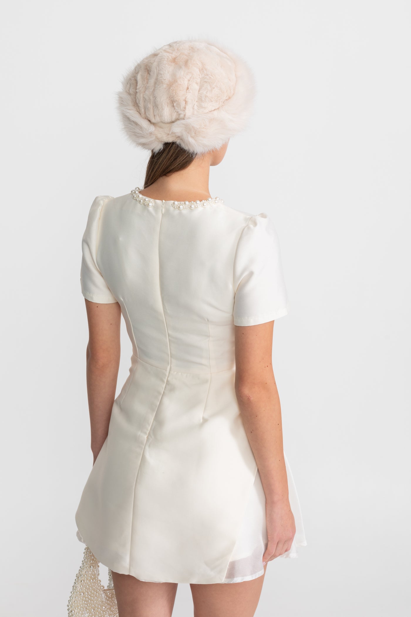 Pearl-Trim Satin Mini Dress - Ivoire