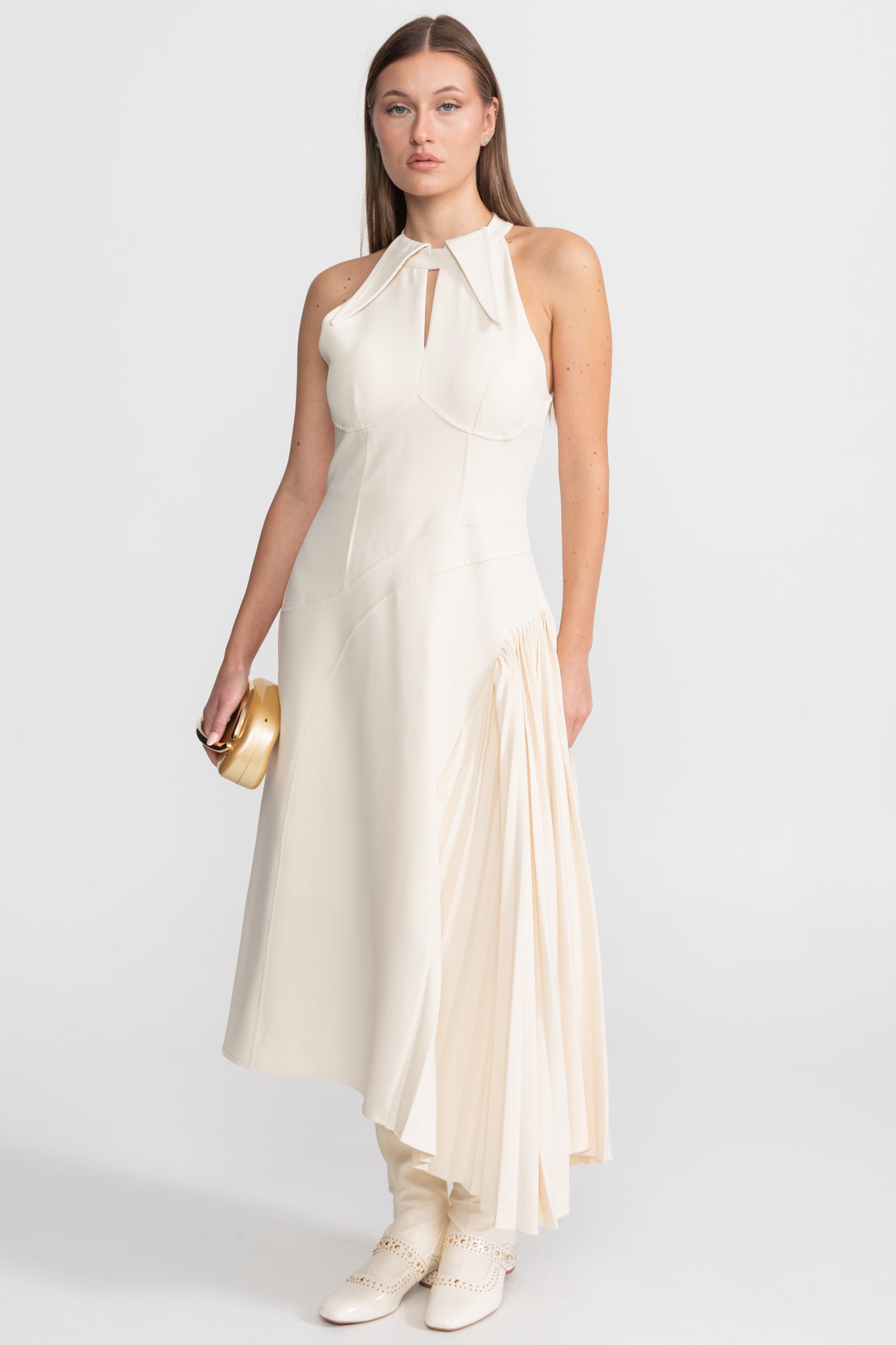 Pleated Halter Midi Dress With Keyhole Detail - Ivoire