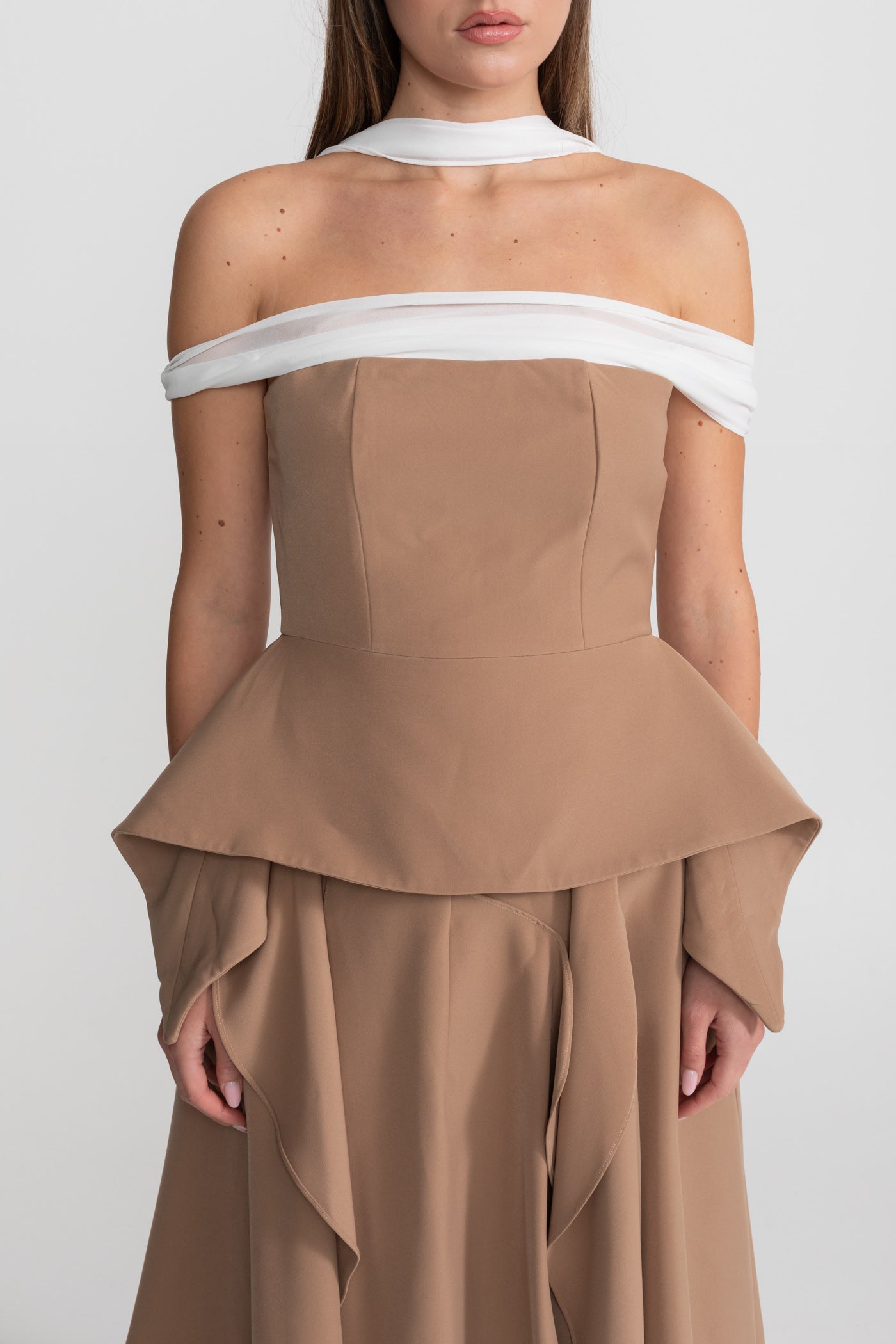 Draped Peplum Off-Shoulder Co-ord With Contrasting Neckline – Camel/Ivoire