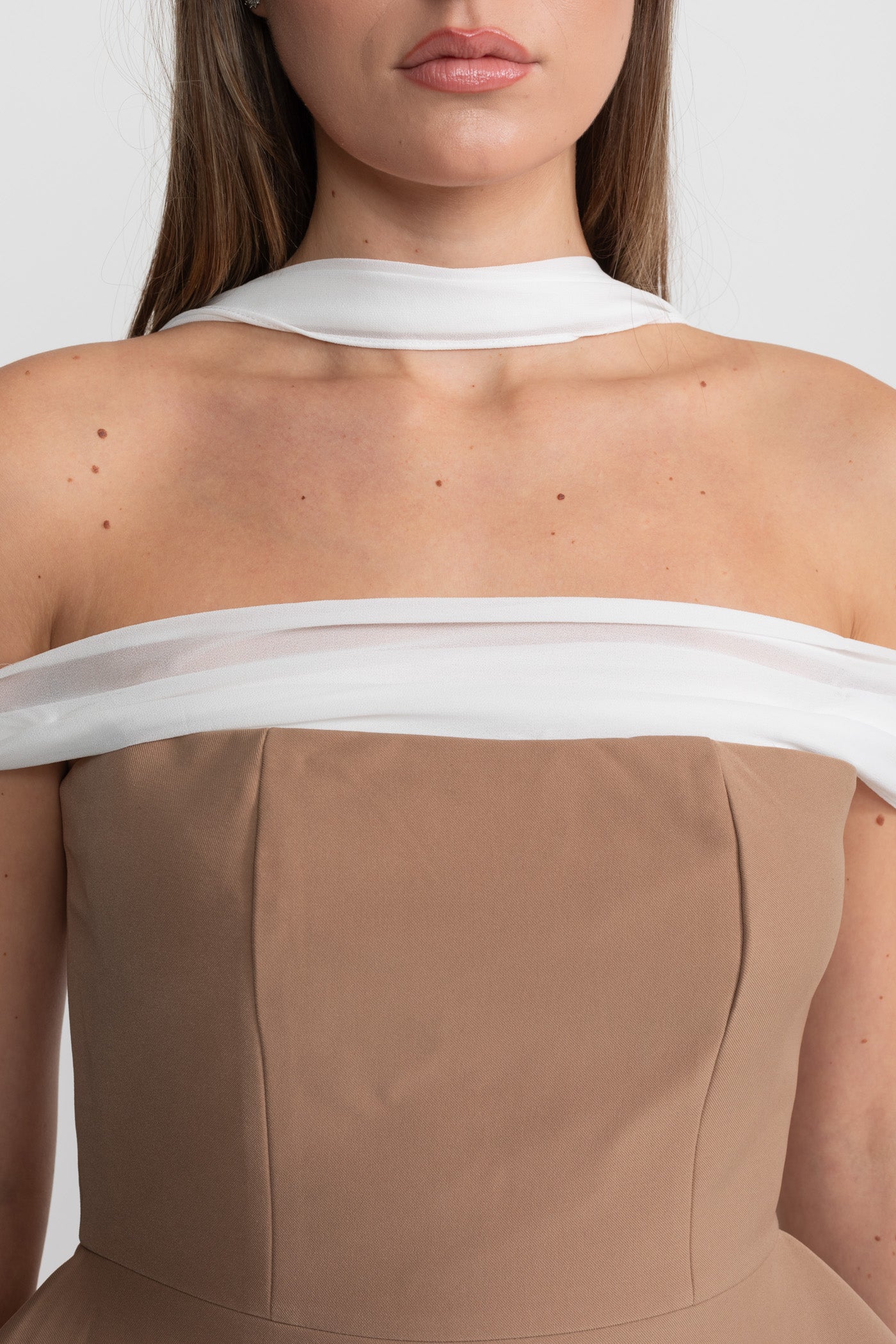 Draped Peplum Off-Shoulder Co-ord With Contrasting Neckline – Camel/Ivoire