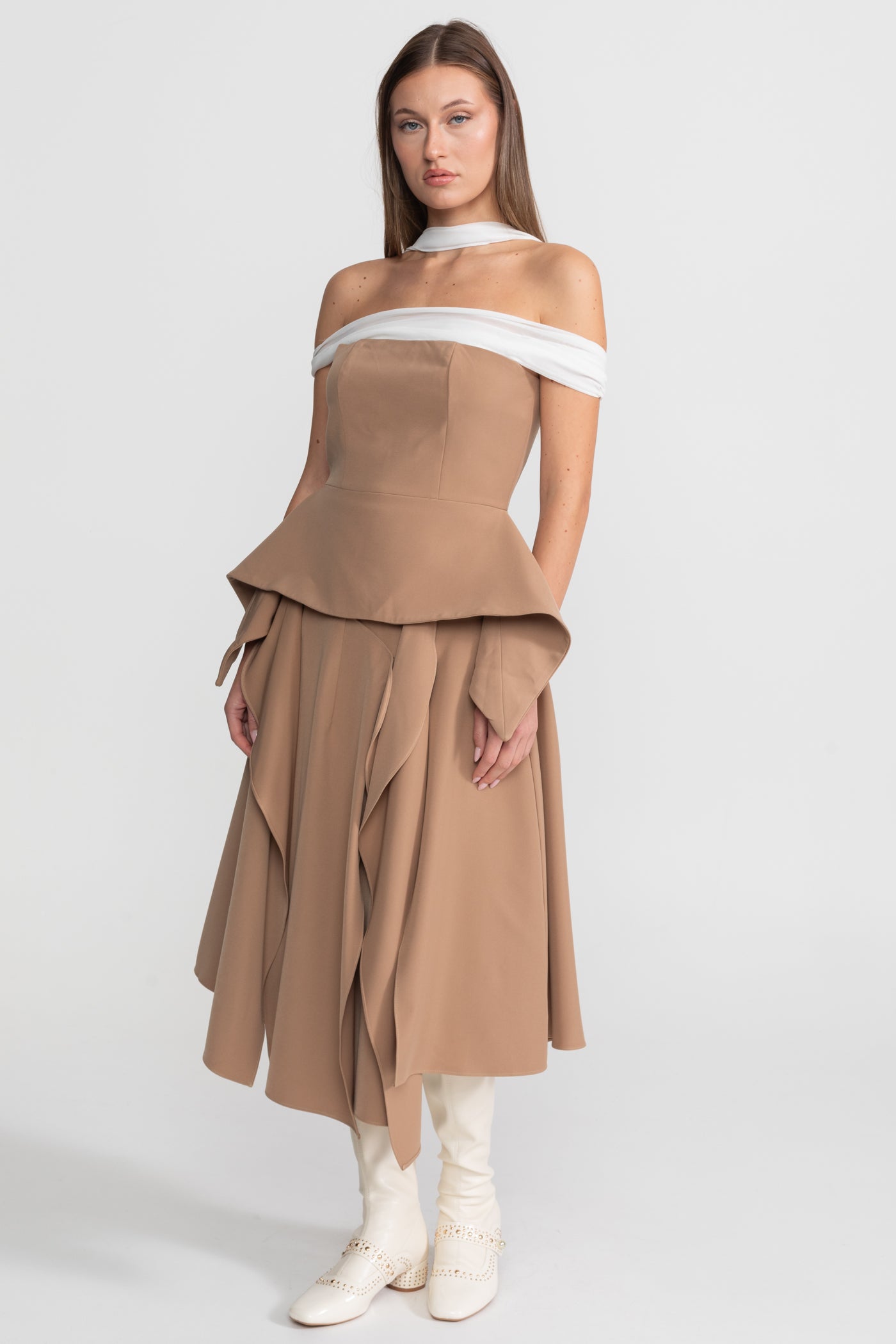 Draped Peplum Off-Shoulder Co-ord With Contrasting Neckline – Camel/Ivoire