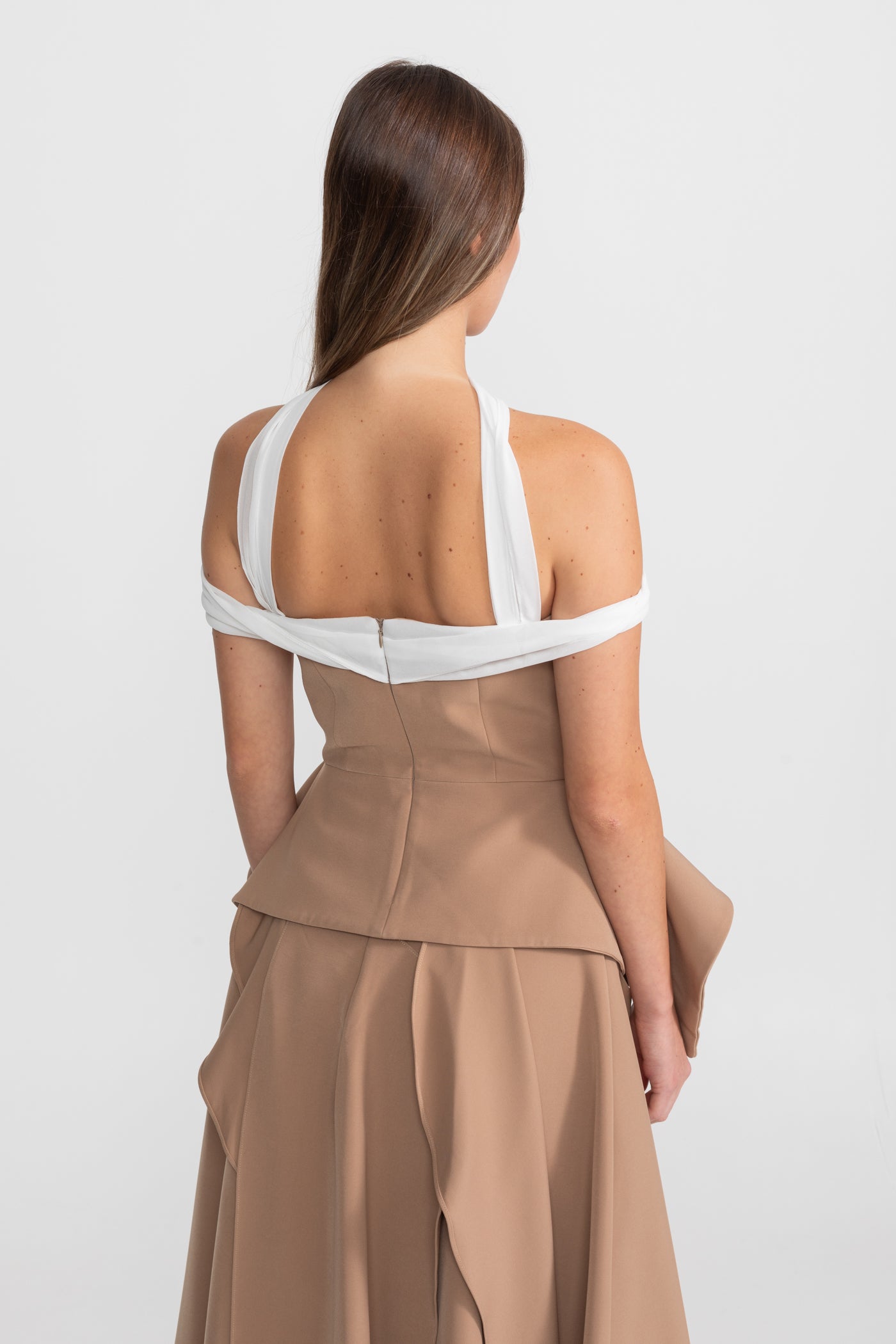 Draped Peplum Off-Shoulder Co-ord With Contrasting Neckline – Camel/Ivoire