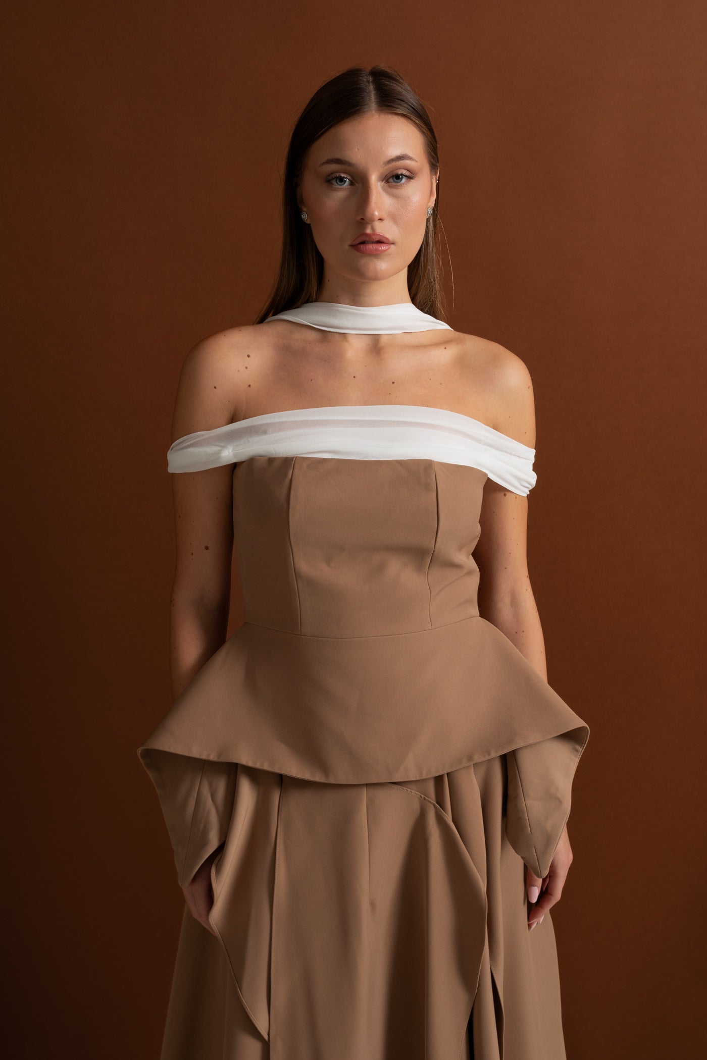 Draped Peplum Off-Shoulder Co-ord With Contrasting Neckline – Camel/Ivoire