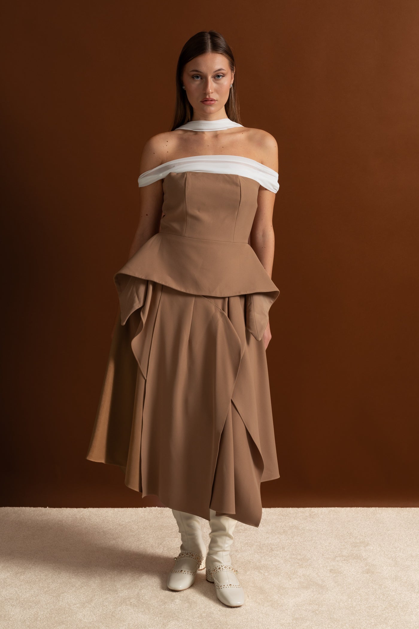 Draped Peplum Off-Shoulder Co-ord With Contrasting Neckline – Camel/Ivoire