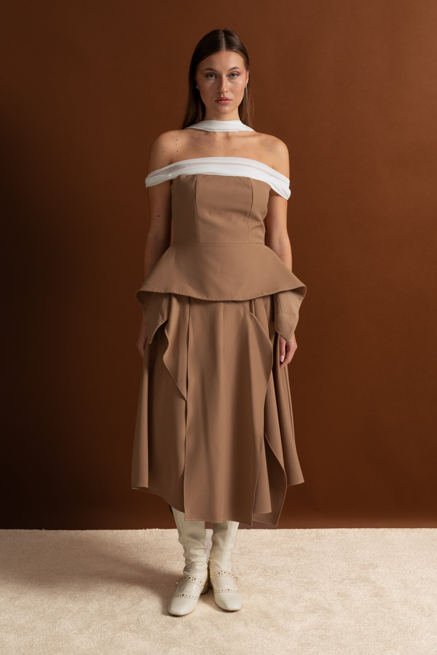 Draped Peplum Off-Shoulder Co-ord With Contrasting Neckline – Camel/Ivoire