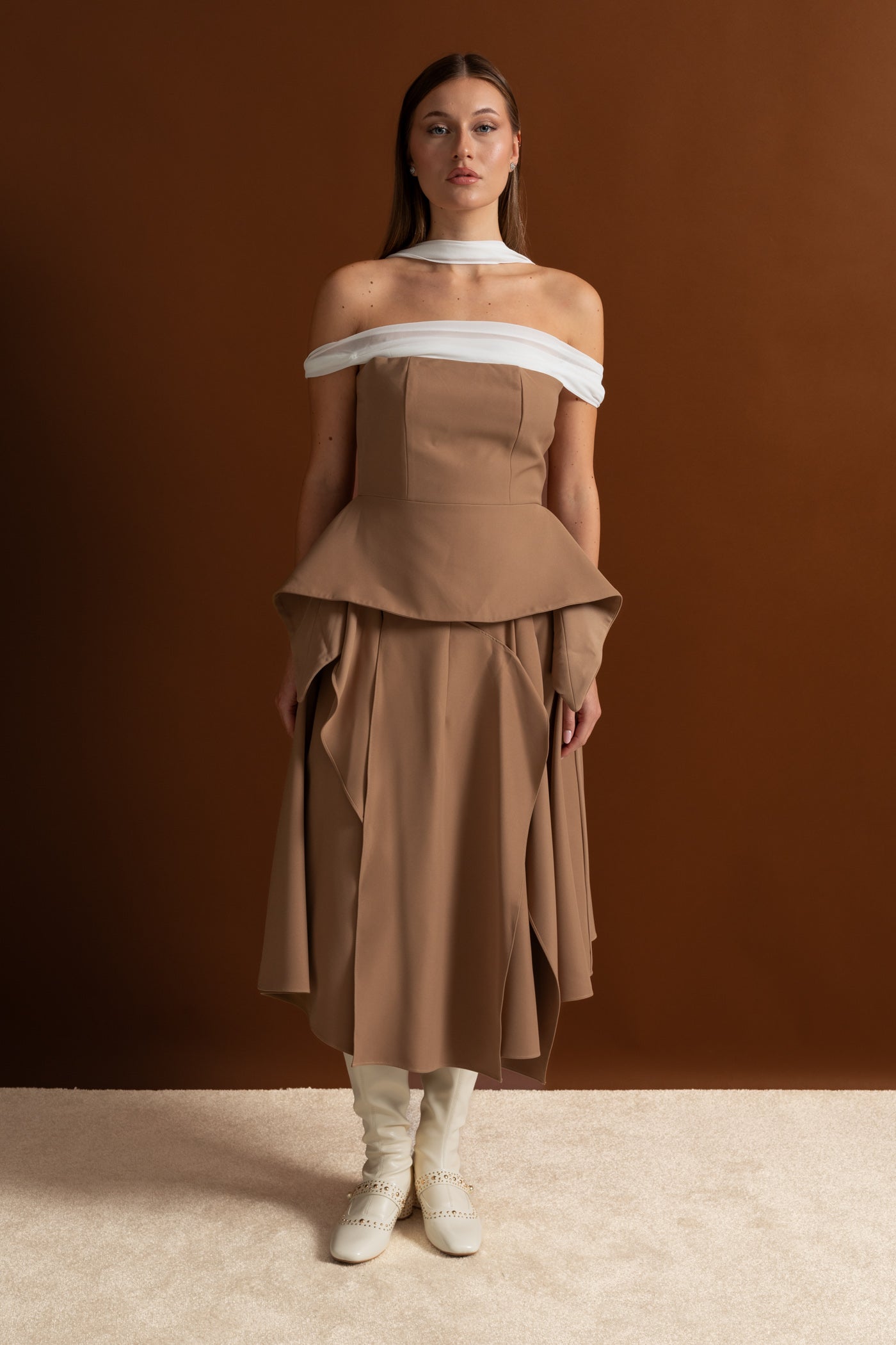 Draped Peplum Off-Shoulder Co-ord With Contrasting Neckline – Camel/Ivoire