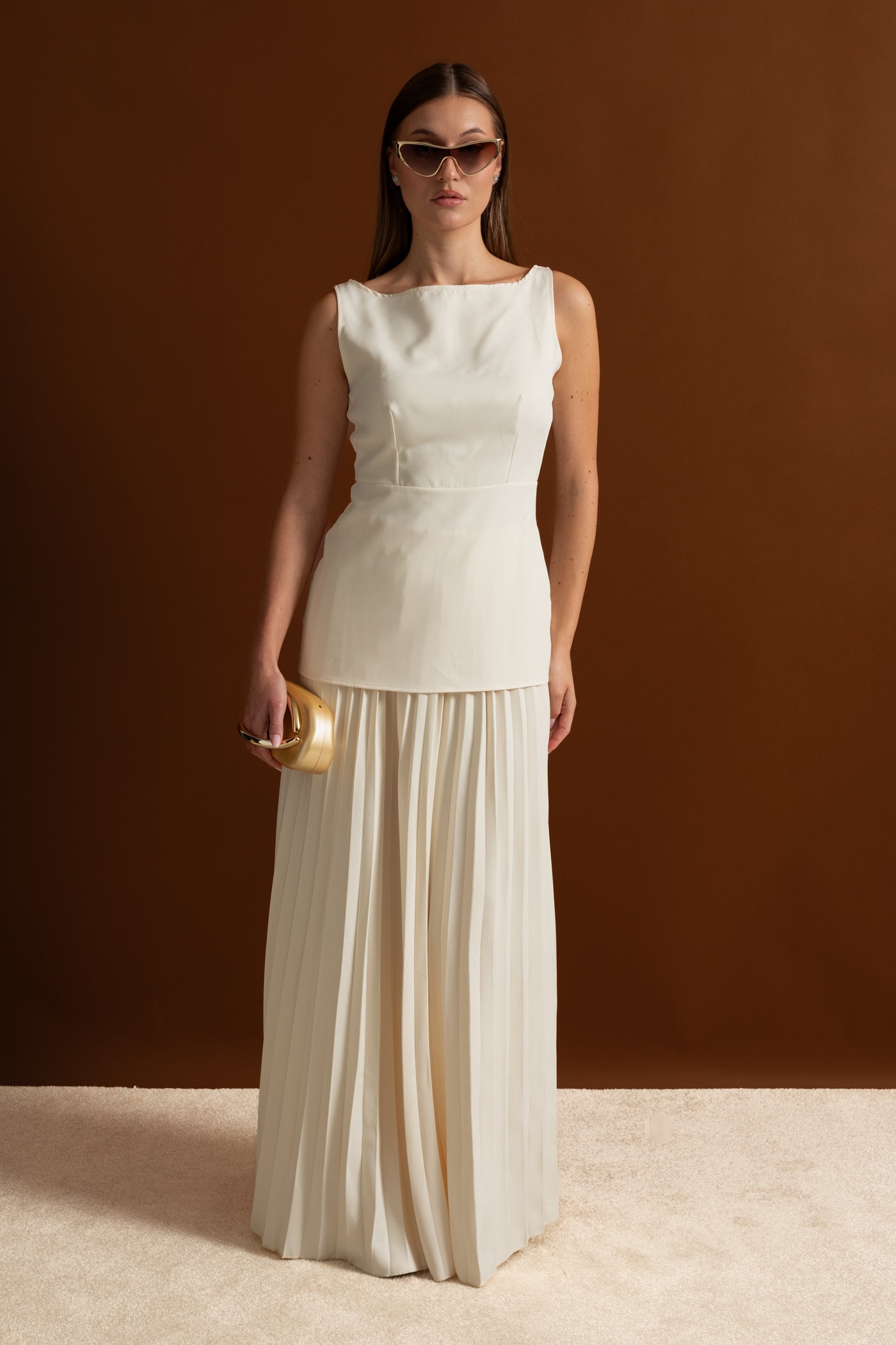 Sleeveless Maxi Co-Ord With Tailored Bodice And Pleated Skirt - Ivoire