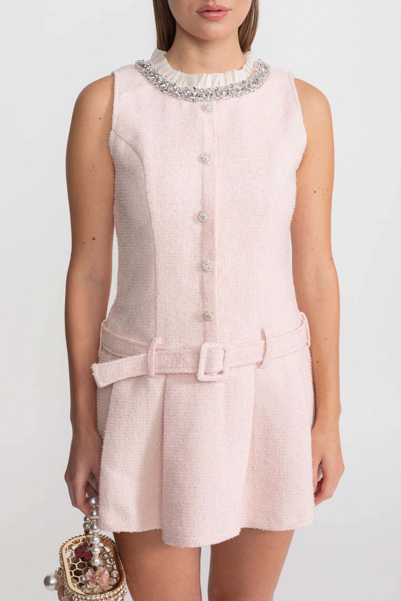 Crystal-Embellished Tweed Mini Dress With Belt – Blush