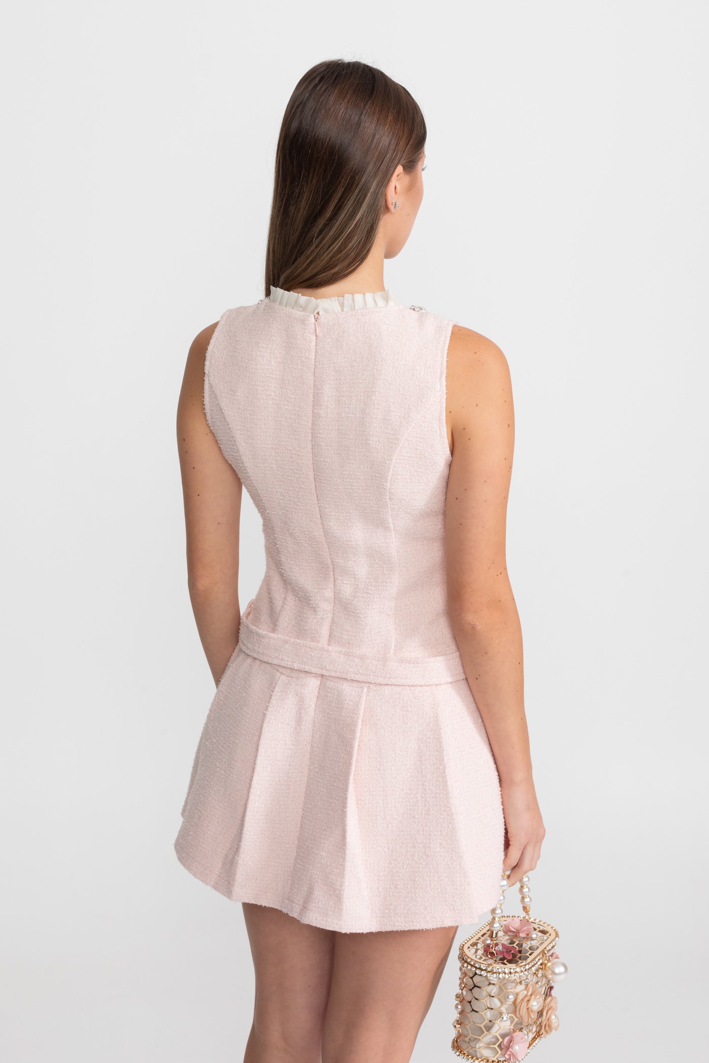 Crystal-Embellished Tweed Mini Dress With Belt – Blush