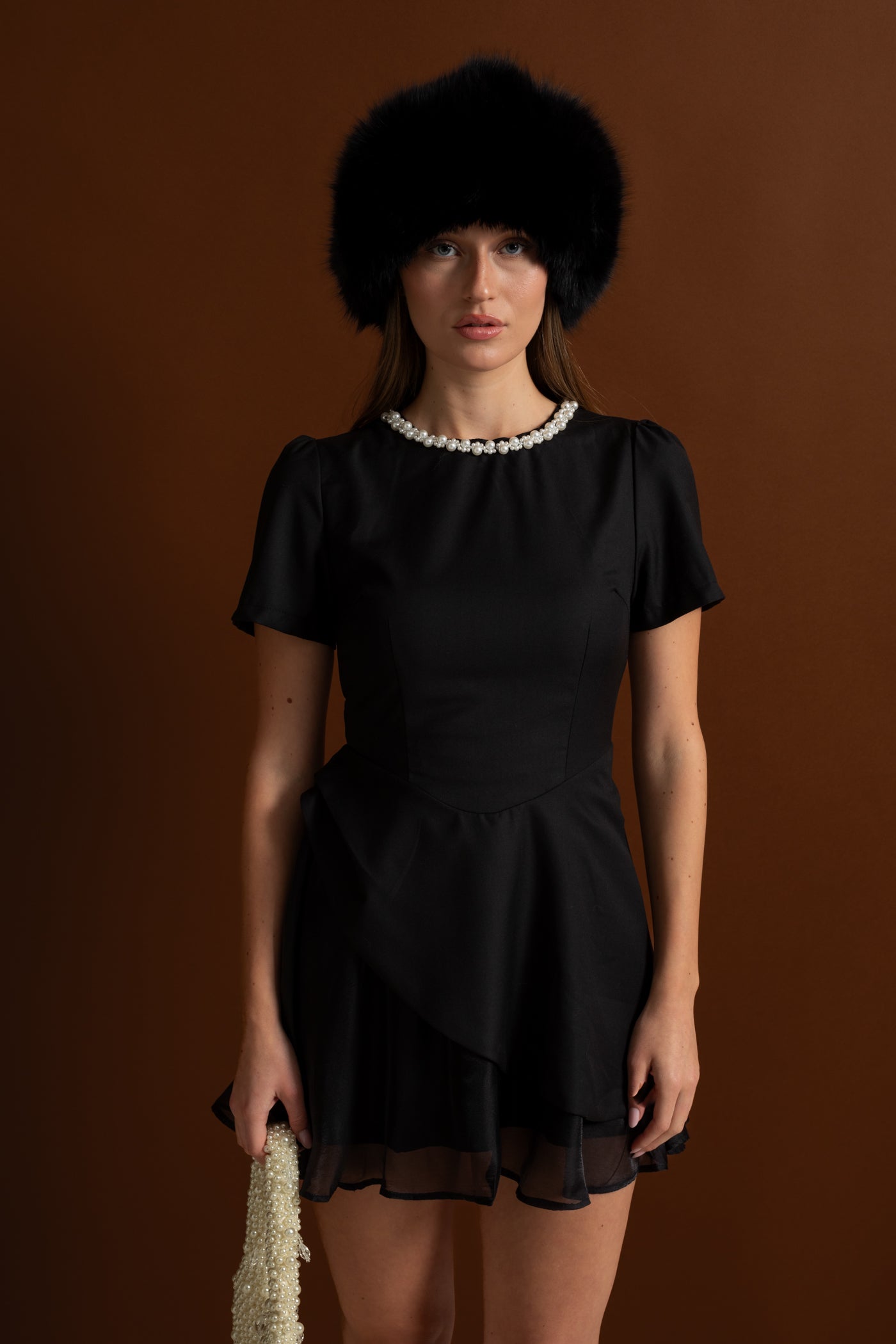 Pearl-Trim Satin Mini Dress - Black