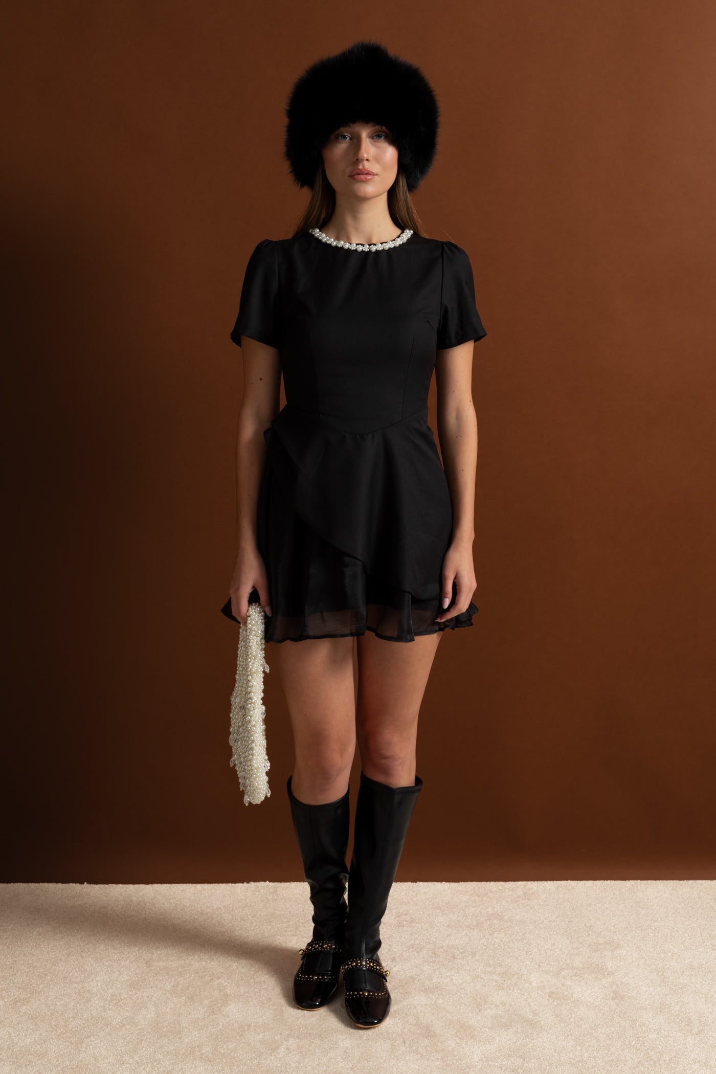Pearl-Trim Satin Mini Dress - Black