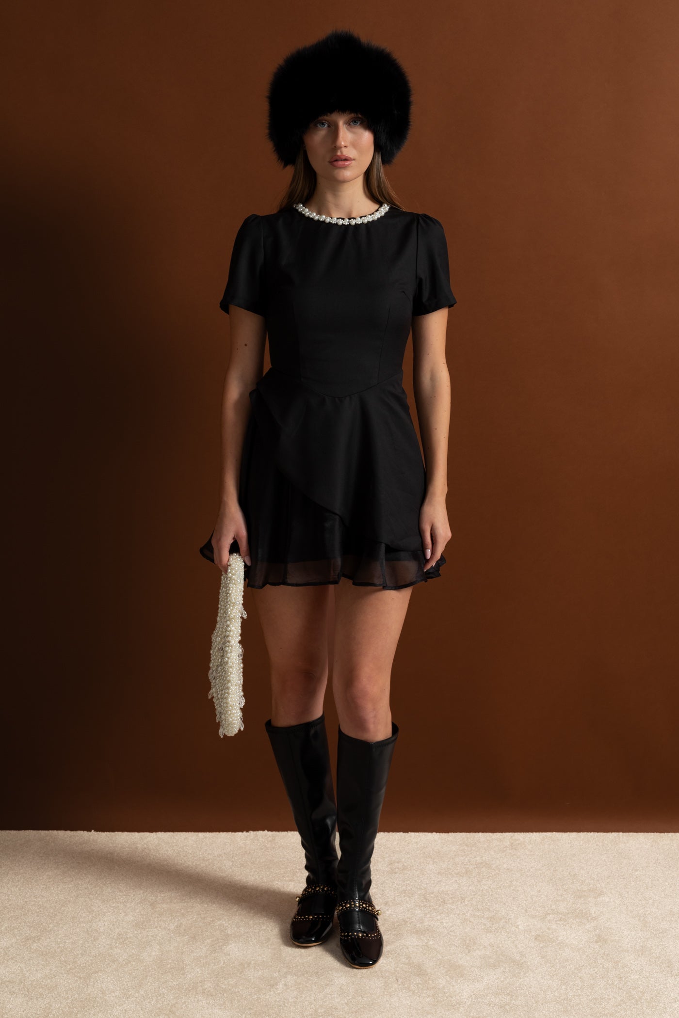 Pearl-Trim Satin Mini Dress - Black