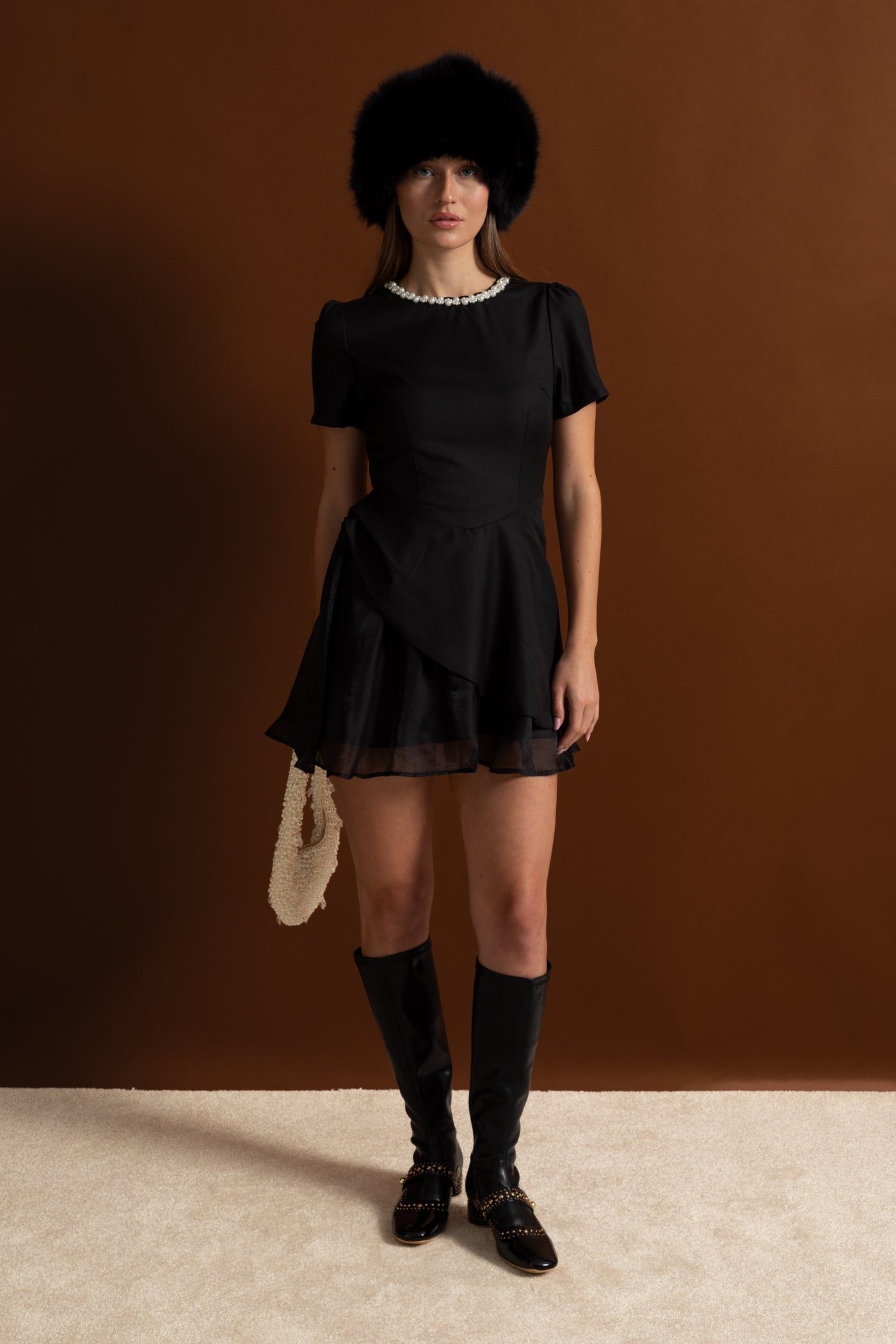 Pearl-Trim Satin Mini Dress - Black