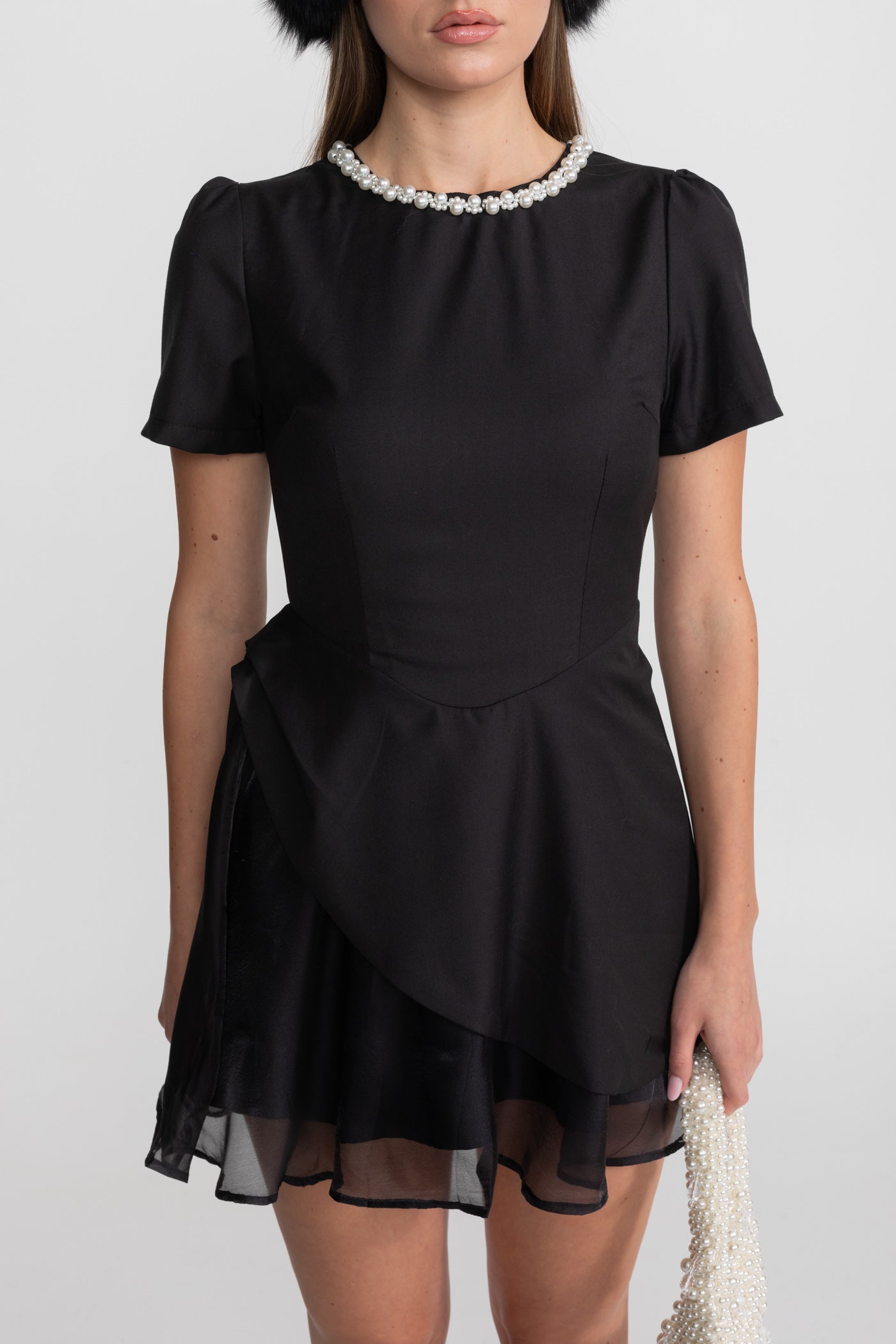 Pearl-Trim Satin Mini Dress - Black