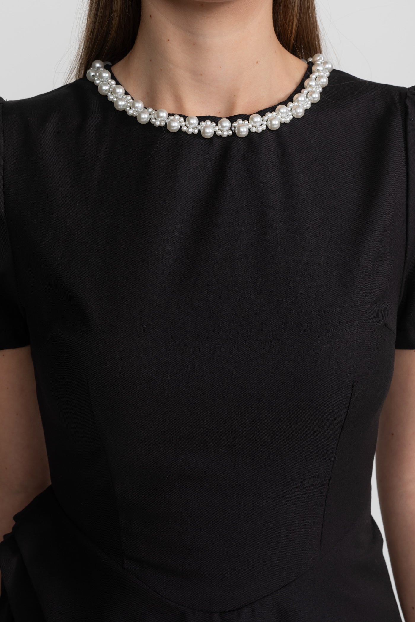 Pearl-Trim Satin Mini Dress - Black