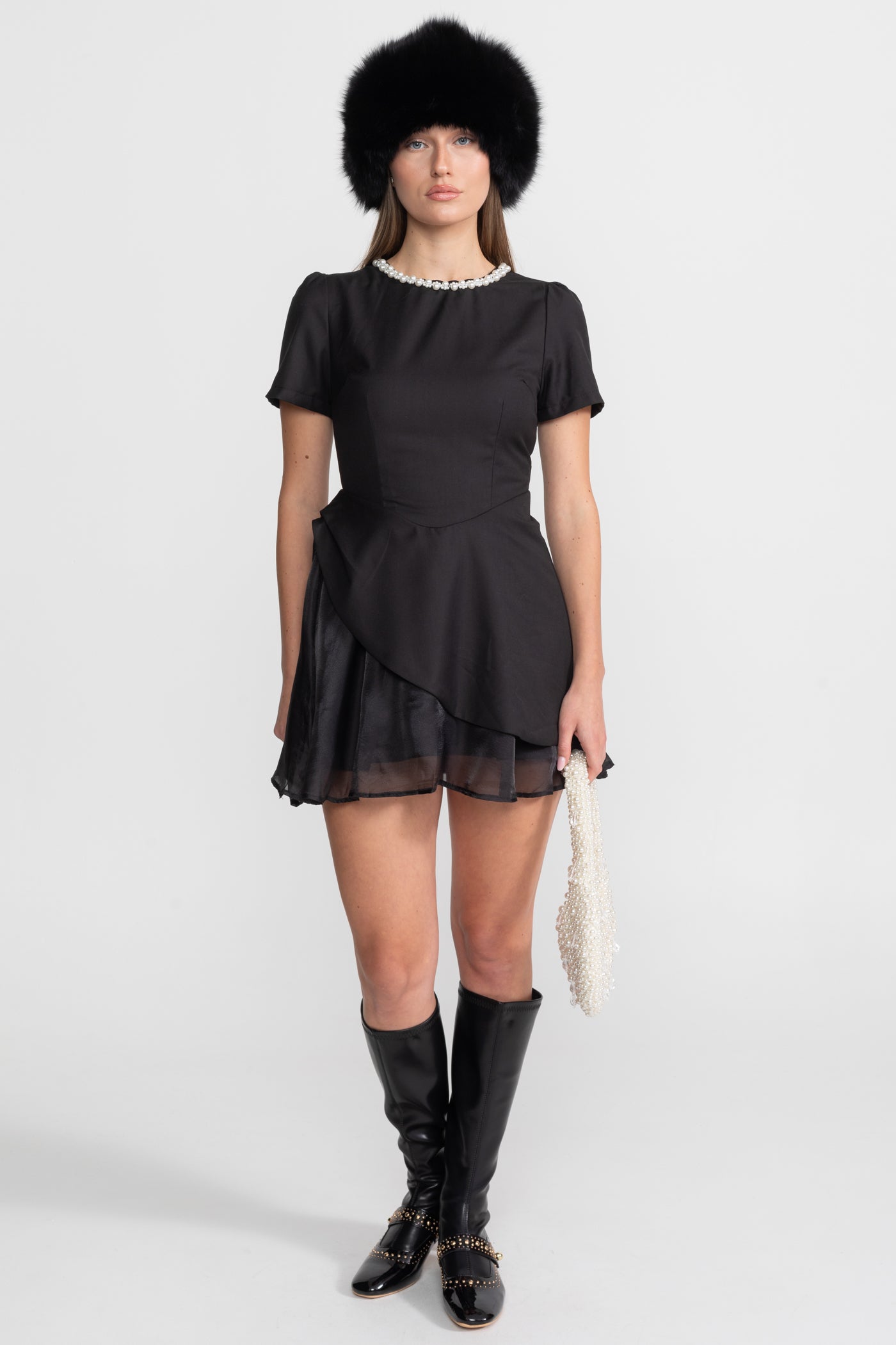 Pearl-Trim Satin Mini Dress - Black