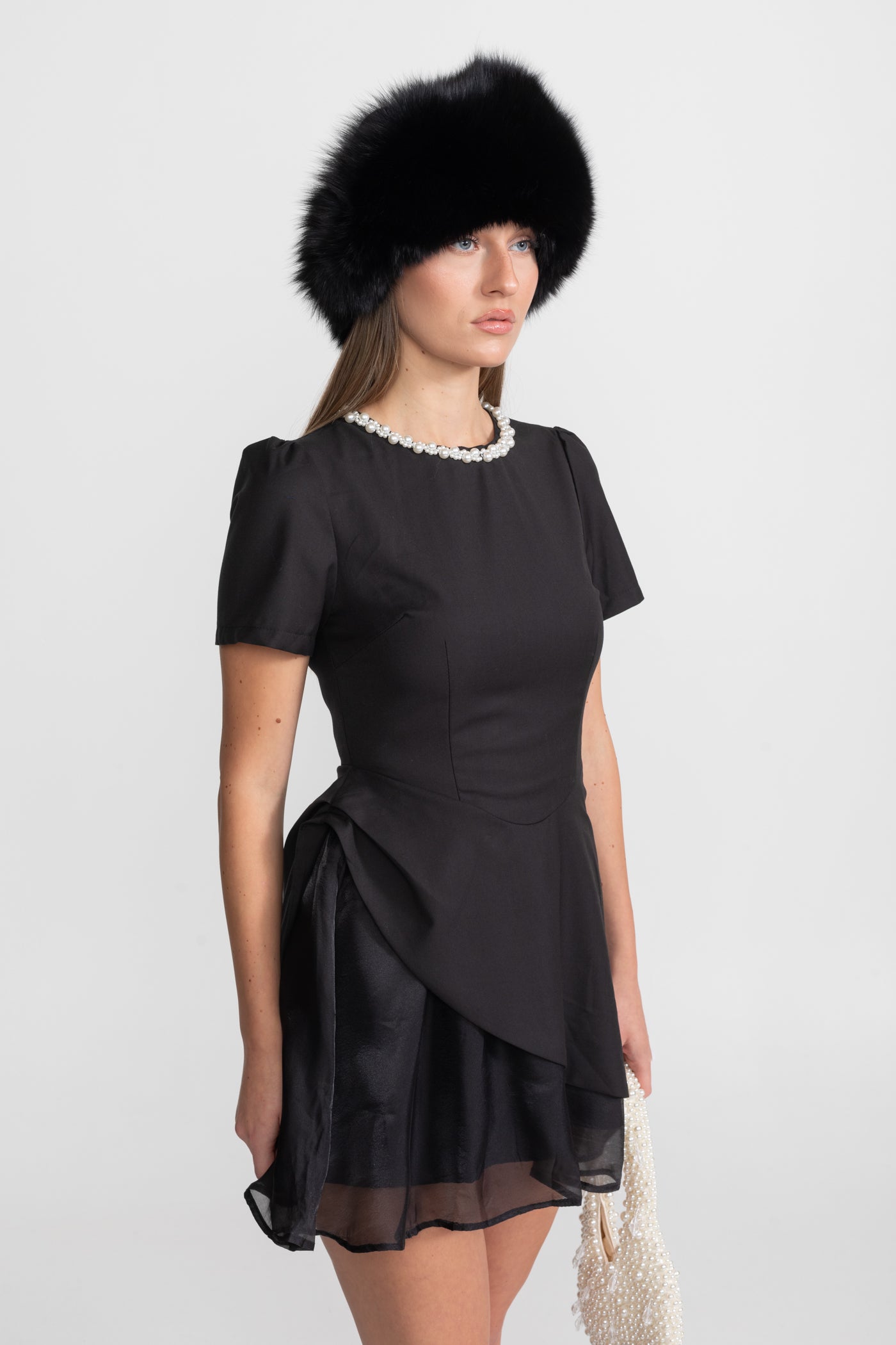 Pearl-Trim Satin Mini Dress - Black