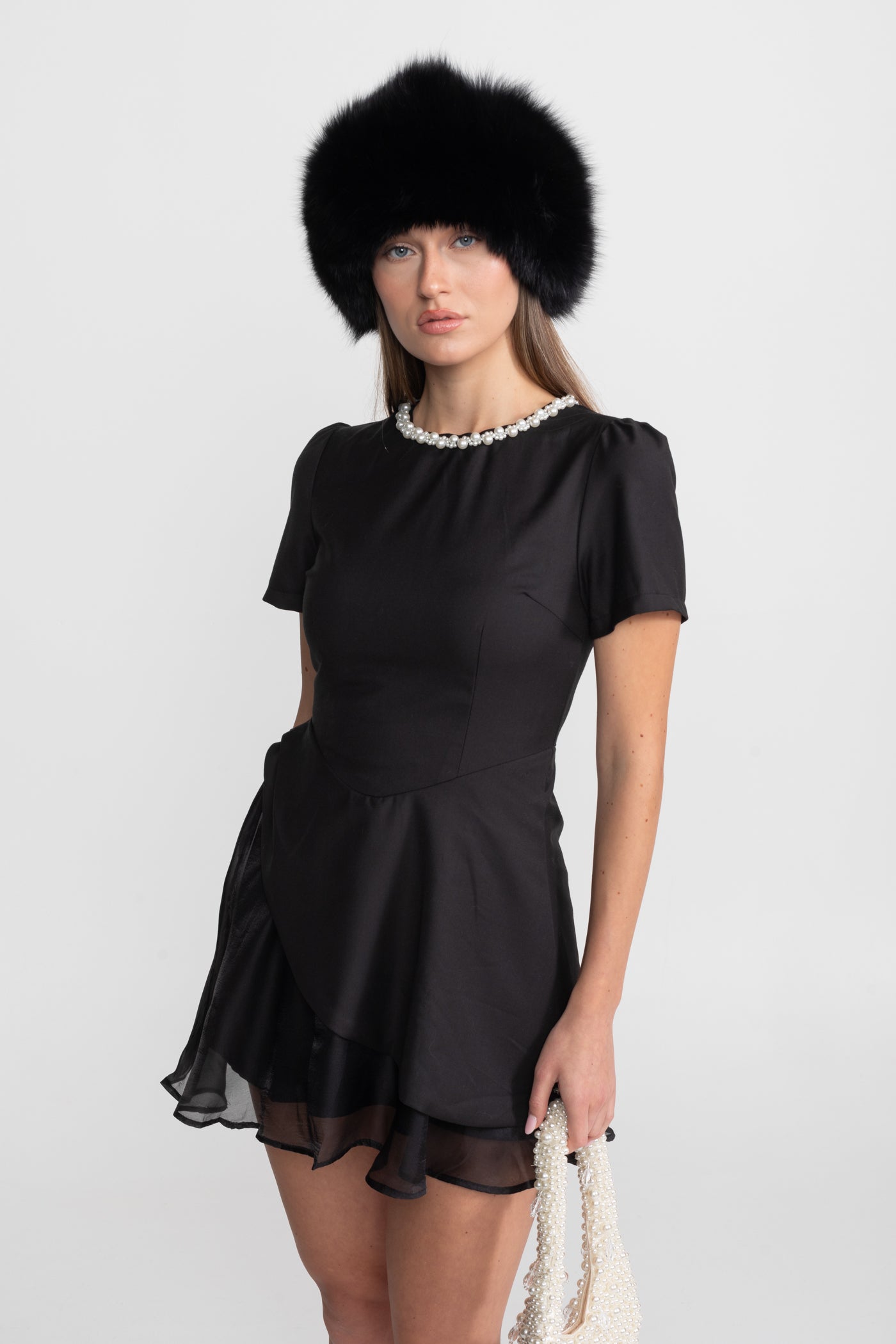 Pearl-Trim Satin Mini Dress - Black