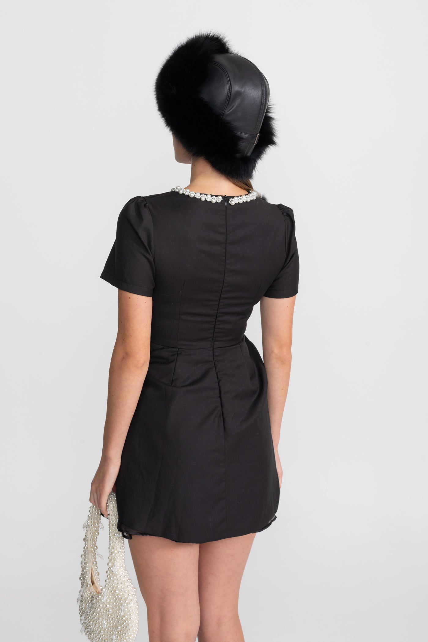 Pearl-Trim Satin Mini Dress - Black