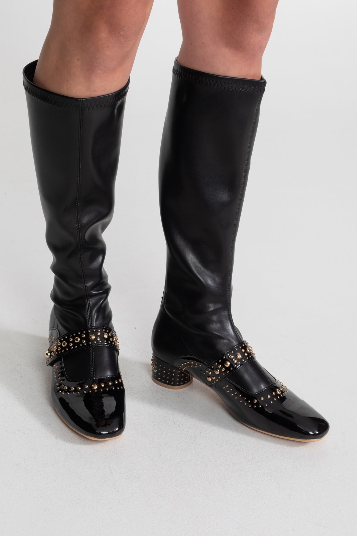 Studded Knee-High Boots With Strap Detail – Black