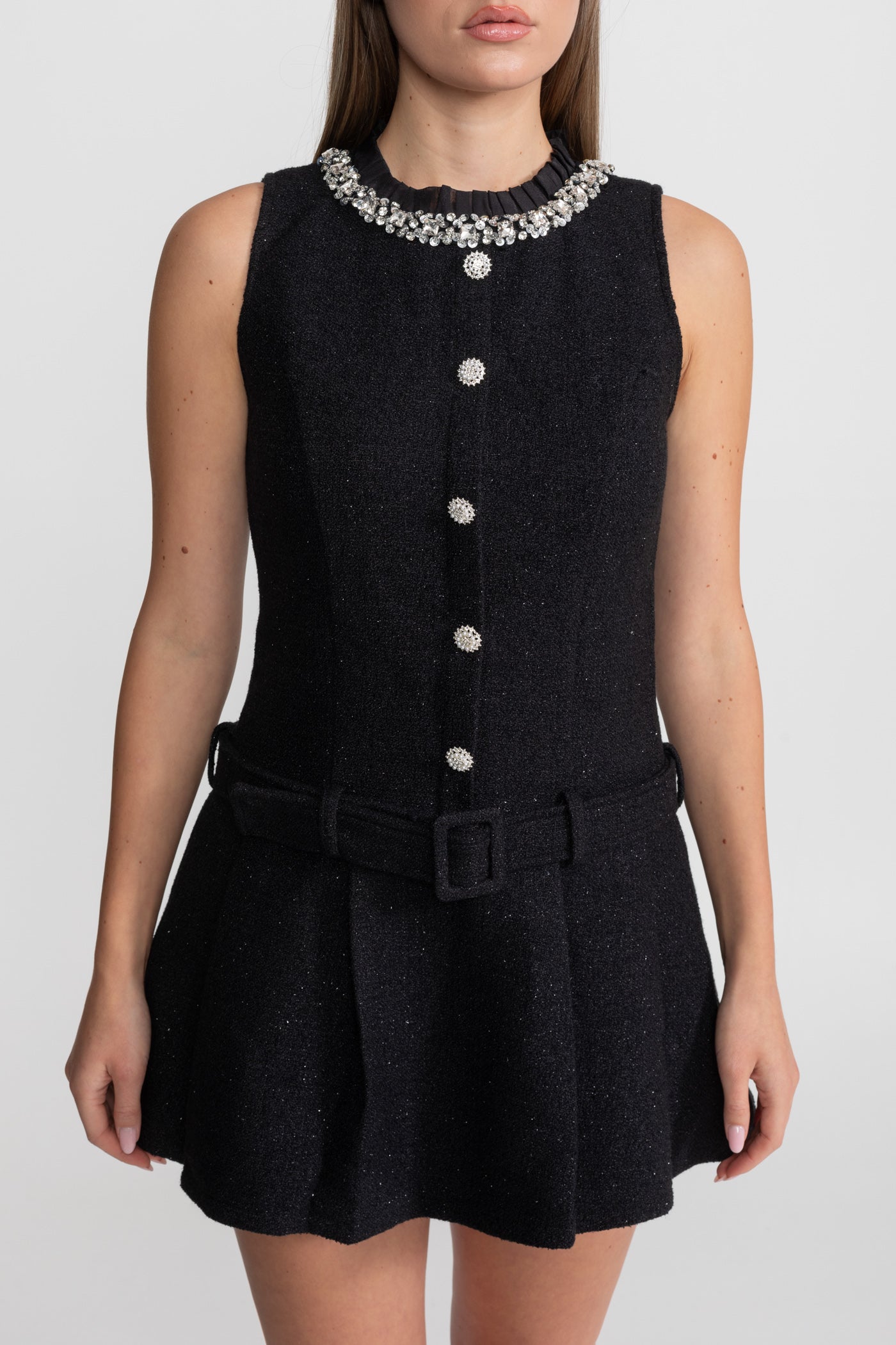 Crystal-Embellished Tweed Mini Dress With Belt – Black