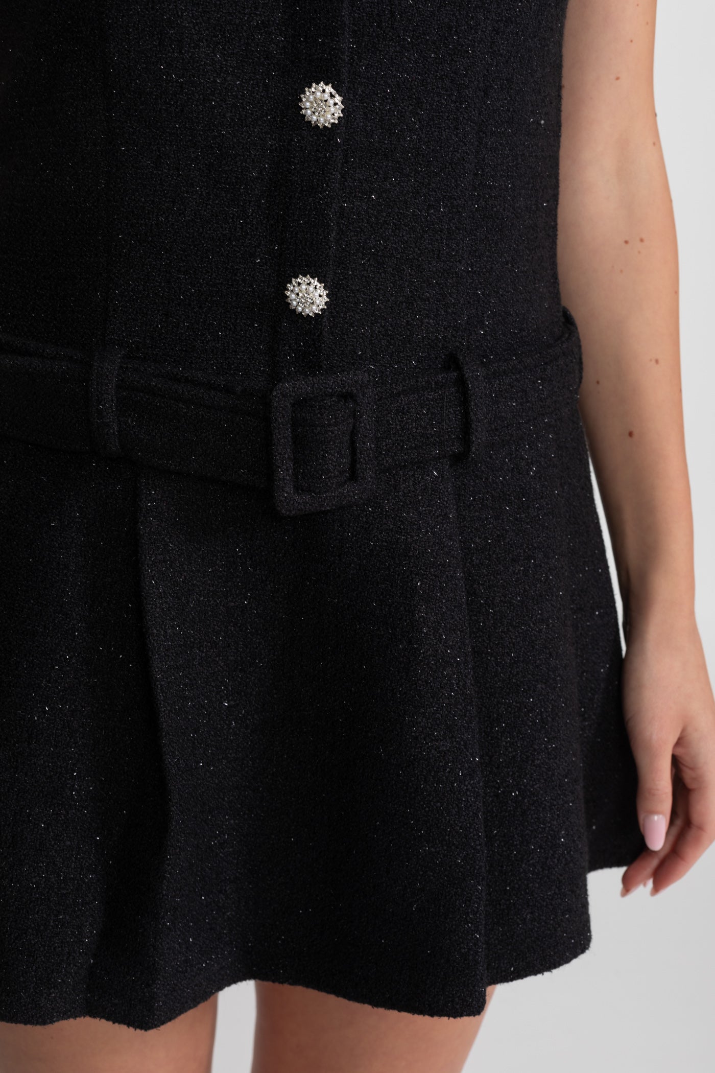 Crystal-Embellished Tweed Mini Dress With Belt – Black