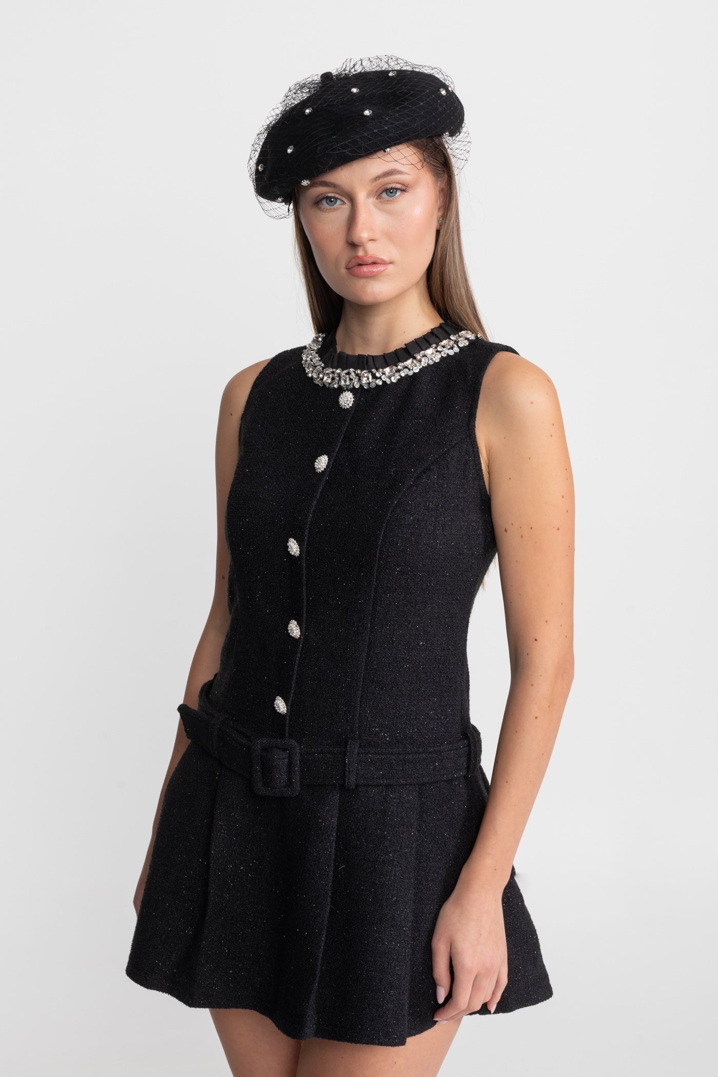 Crystal-Embellished Tweed Mini Dress With Belt – Black