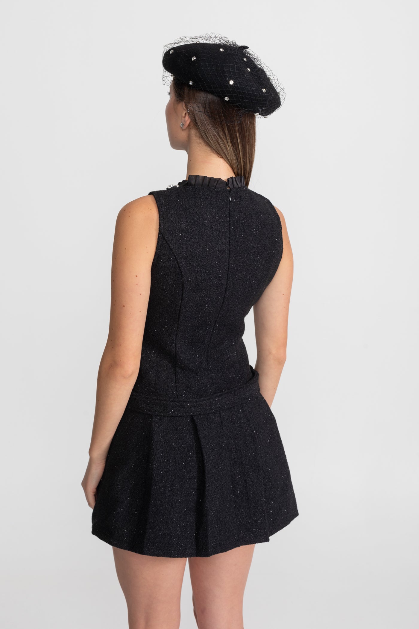 Crystal-Embellished Tweed Mini Dress With Belt – Black