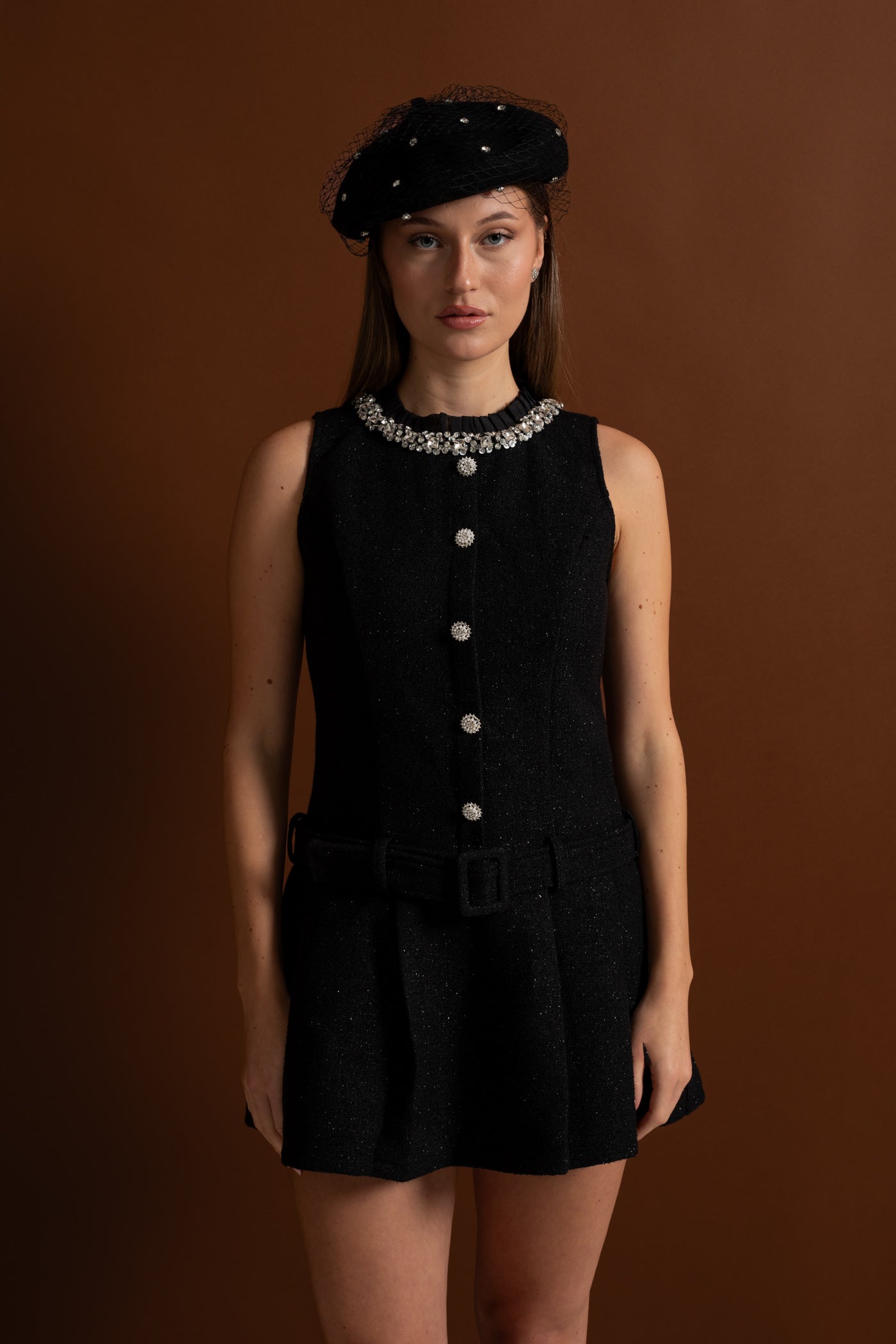 Crystal-Embellished Tweed Mini Dress With Belt – Black