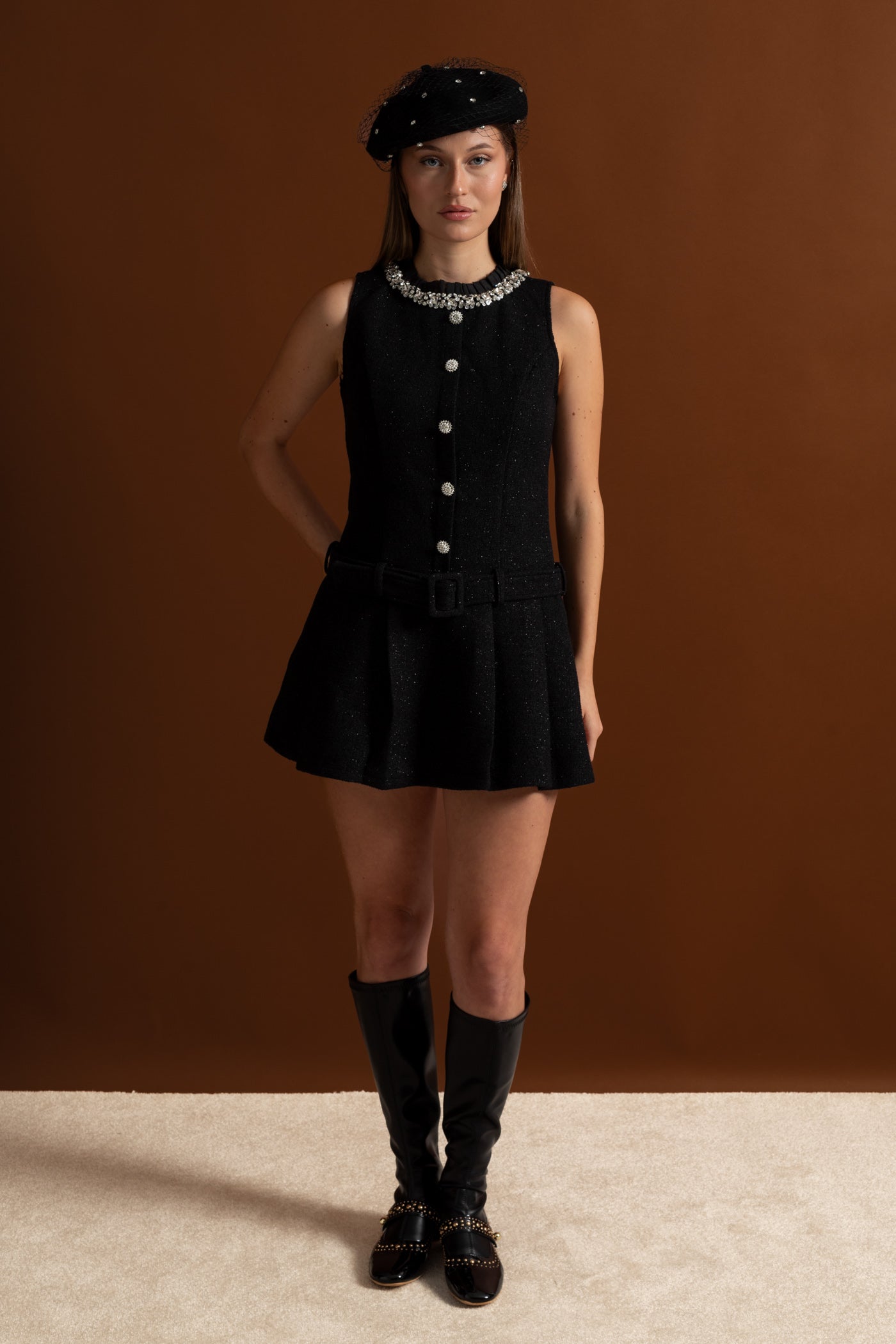 Crystal-Embellished Tweed Mini Dress With Belt – Black