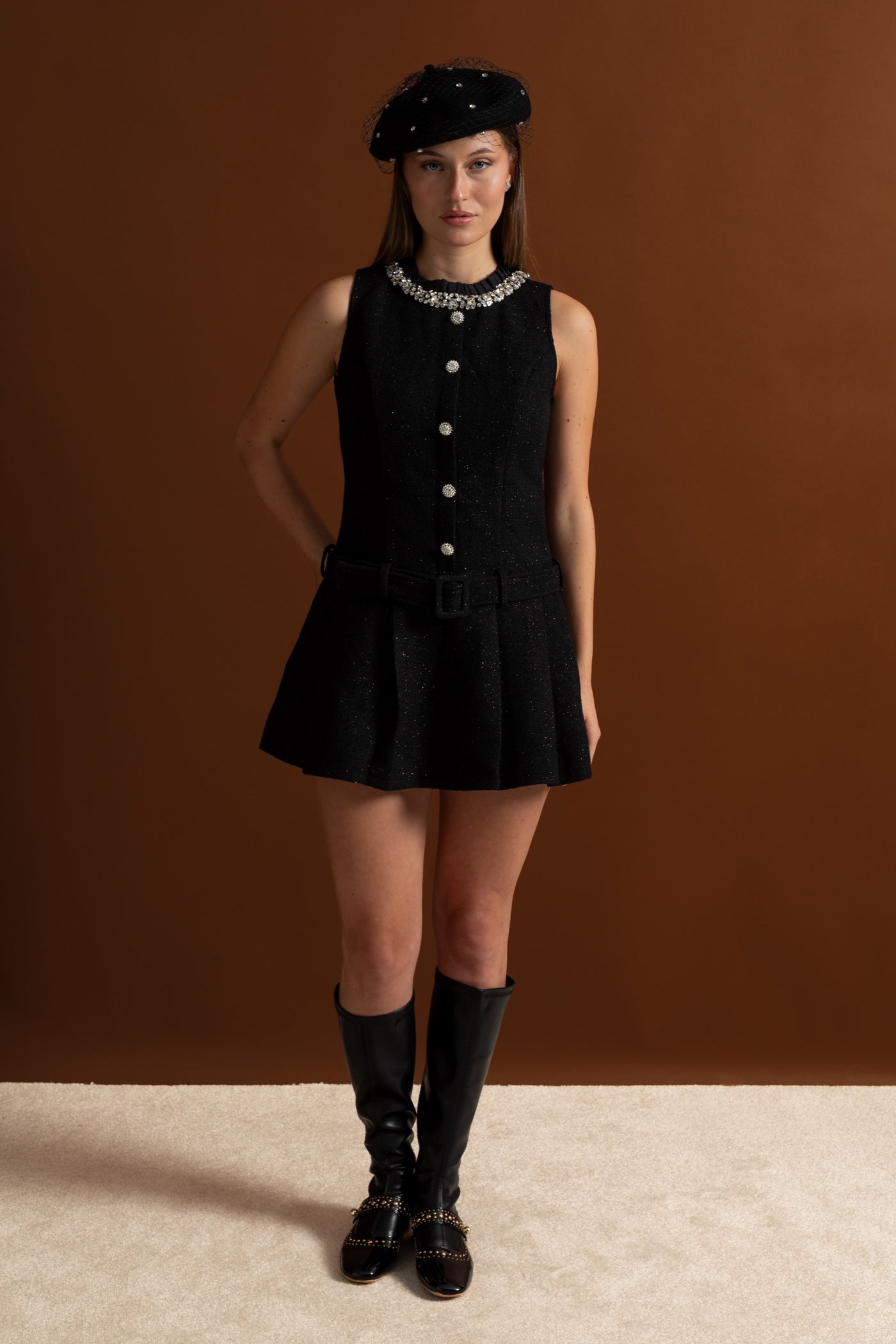 Crystal-Embellished Tweed Mini Dress With Belt – Black