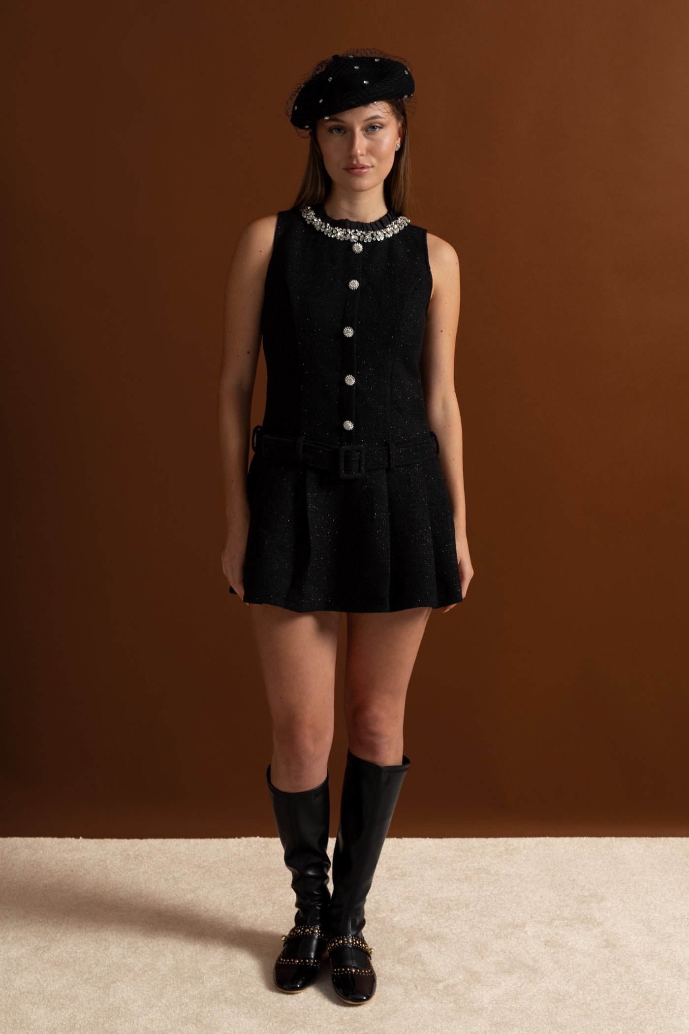 Crystal-Embellished Tweed Mini Dress With Belt – Black