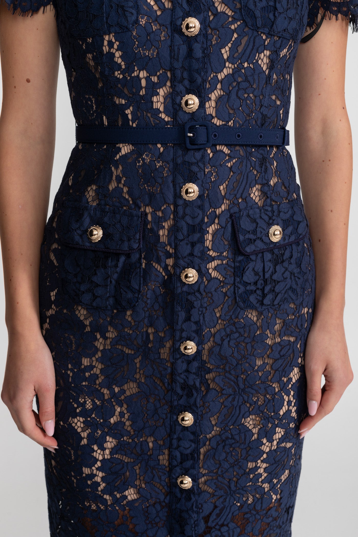 Floral Lace Midi Dress with Tailored Collar and Belted Waist - Navy
