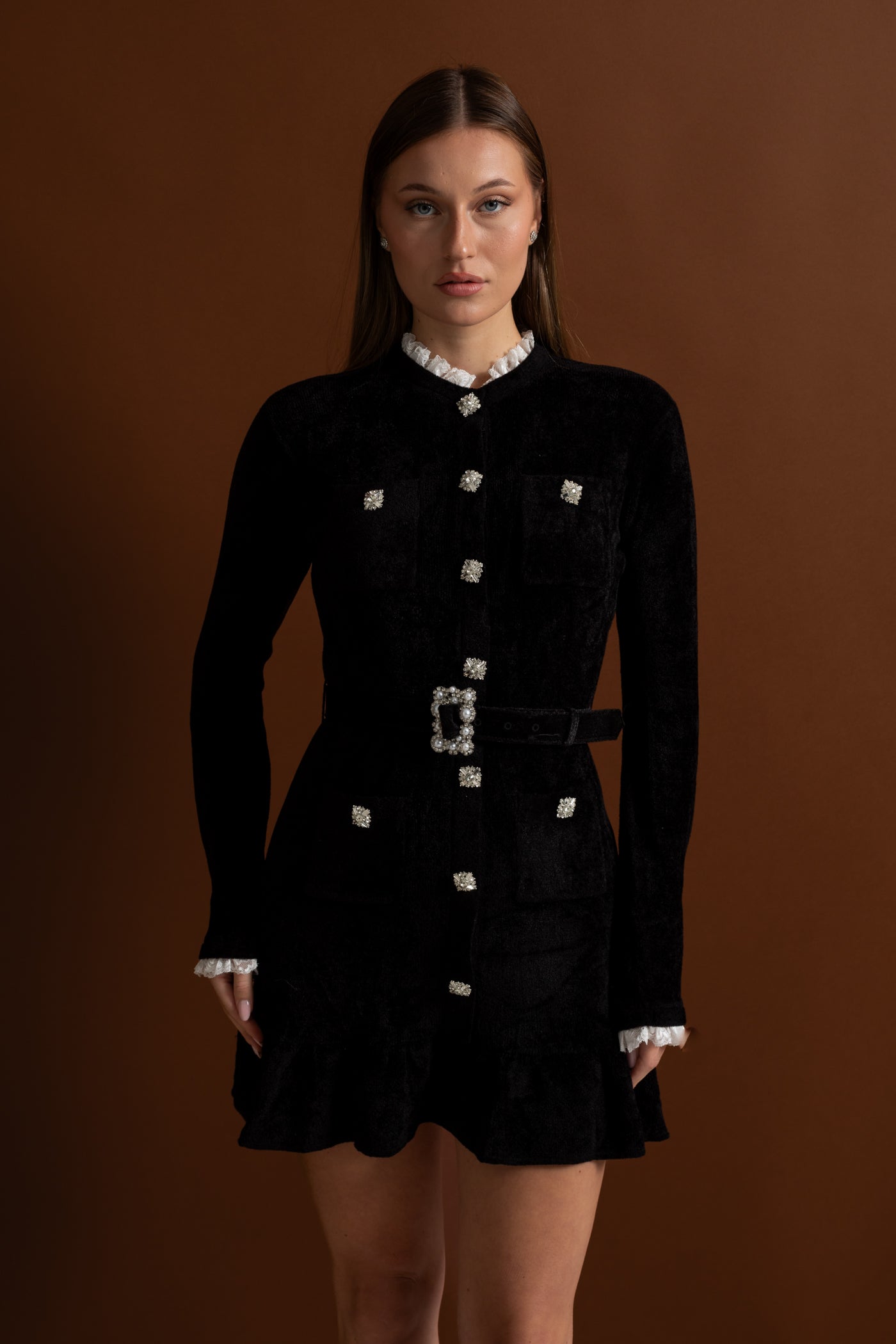 Velvet Crystal-Button Mini Dress With Matching Belt – Black