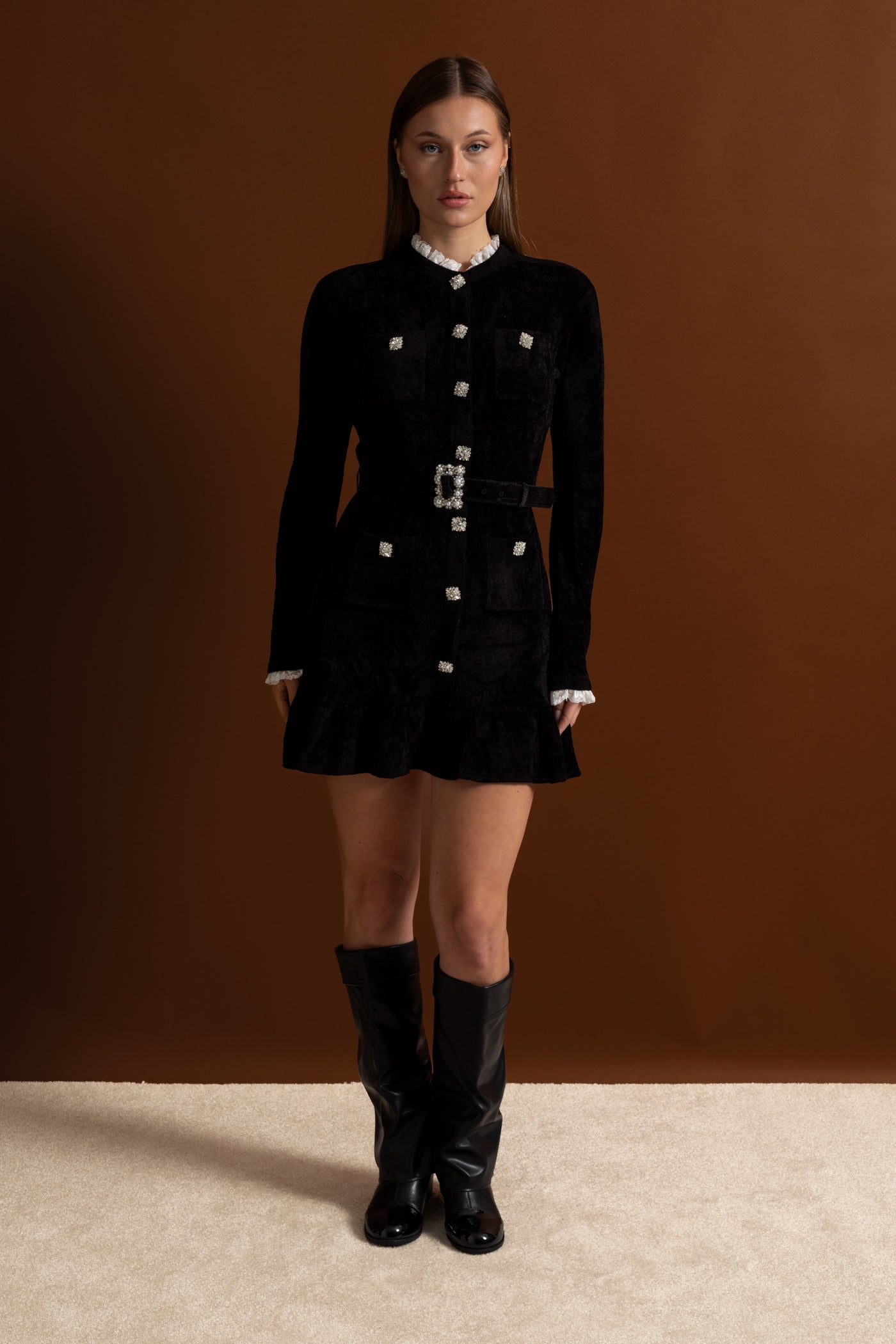 Velvet Crystal-Button Mini Dress With Matching Belt – Black