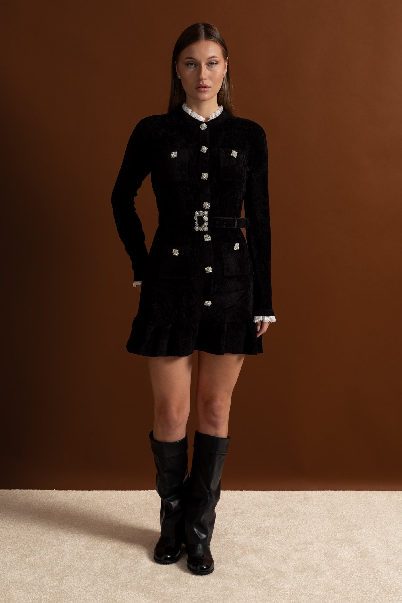 Velvet Crystal-Button Mini Dress With Matching Belt – Black