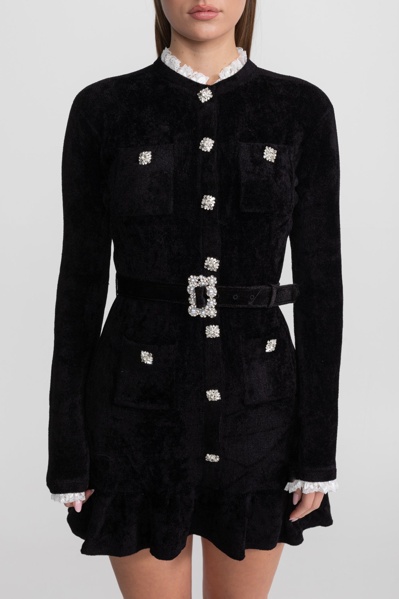 Velvet Crystal-Button Mini Dress With Matching Belt – Black