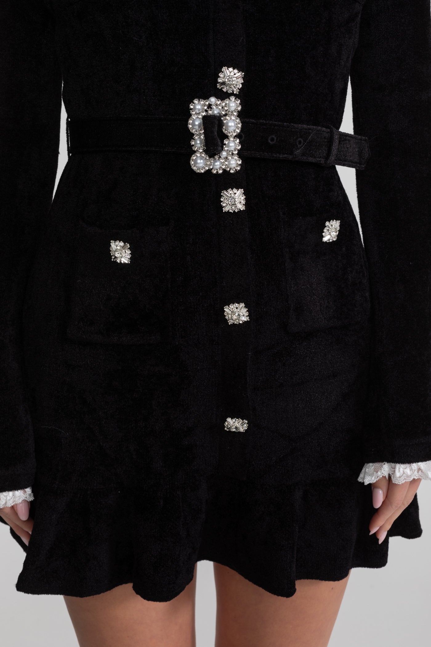 Velvet Crystal-Button Mini Dress With Matching Belt – Black