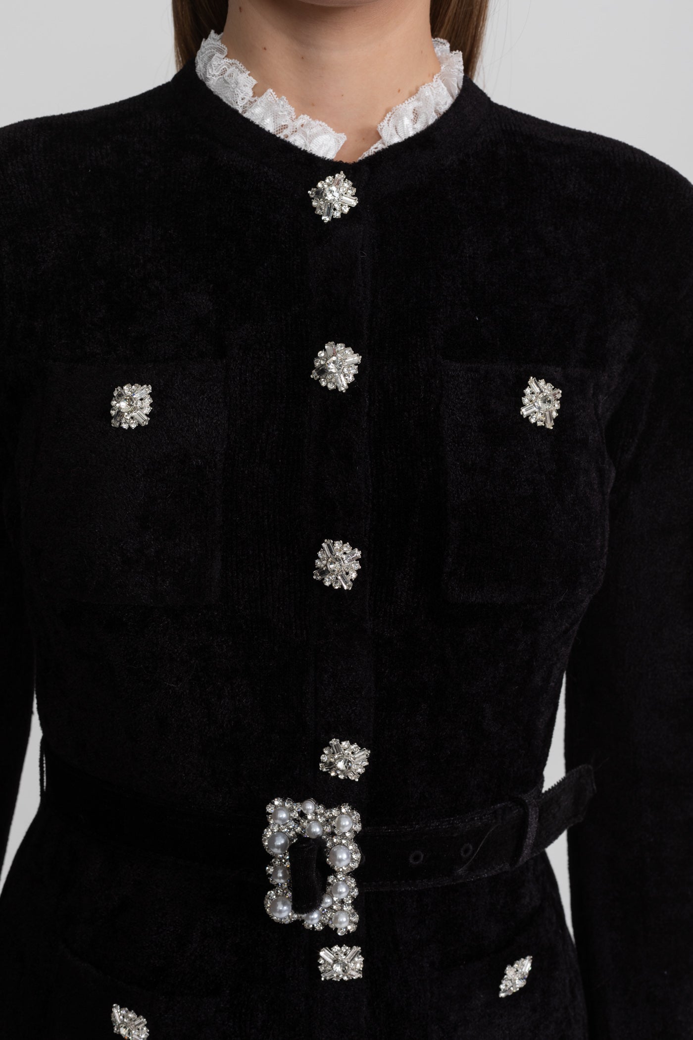 Velvet Crystal-Button Mini Dress With Matching Belt – Black