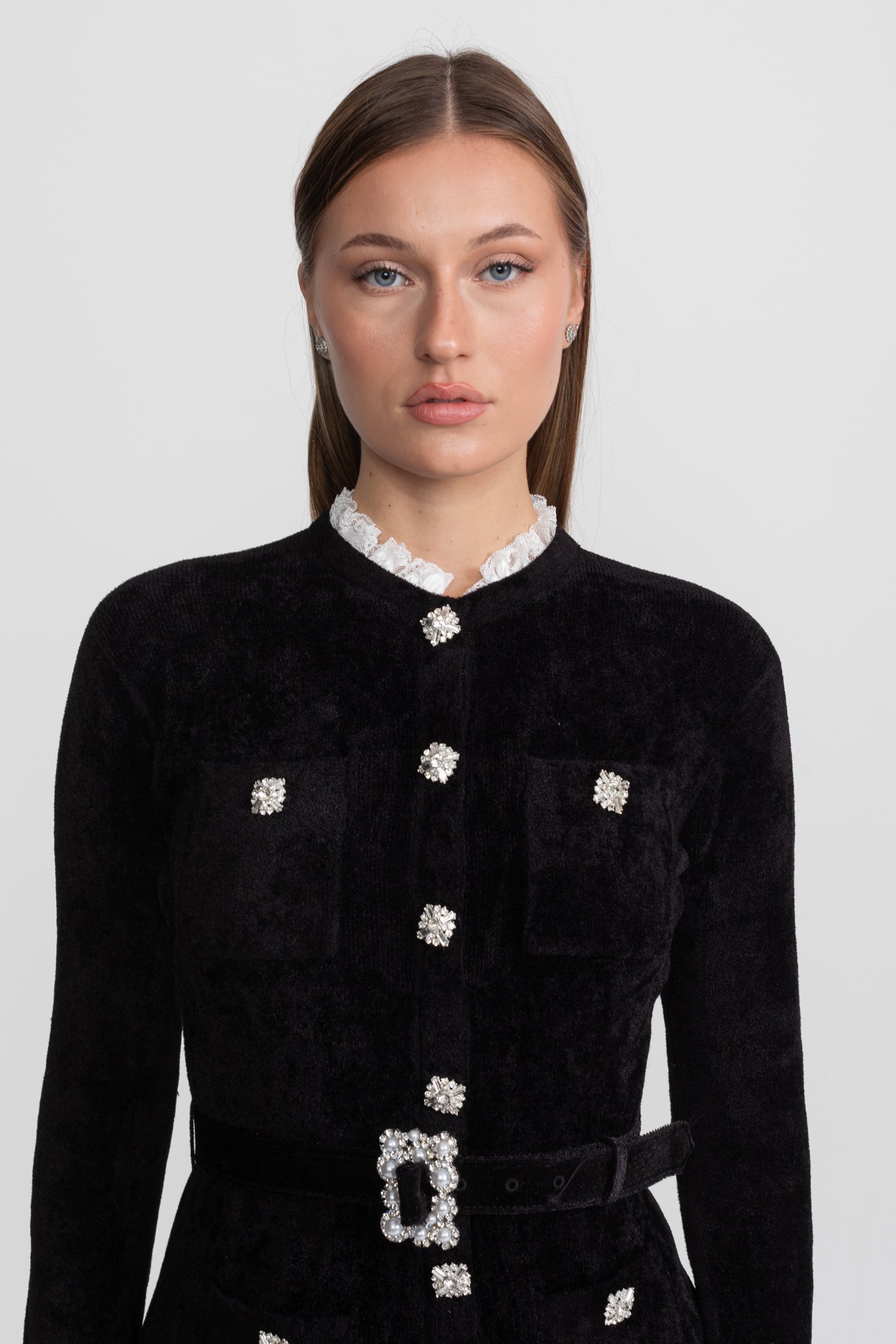 Velvet Crystal-Button Mini Dress With Matching Belt – Black