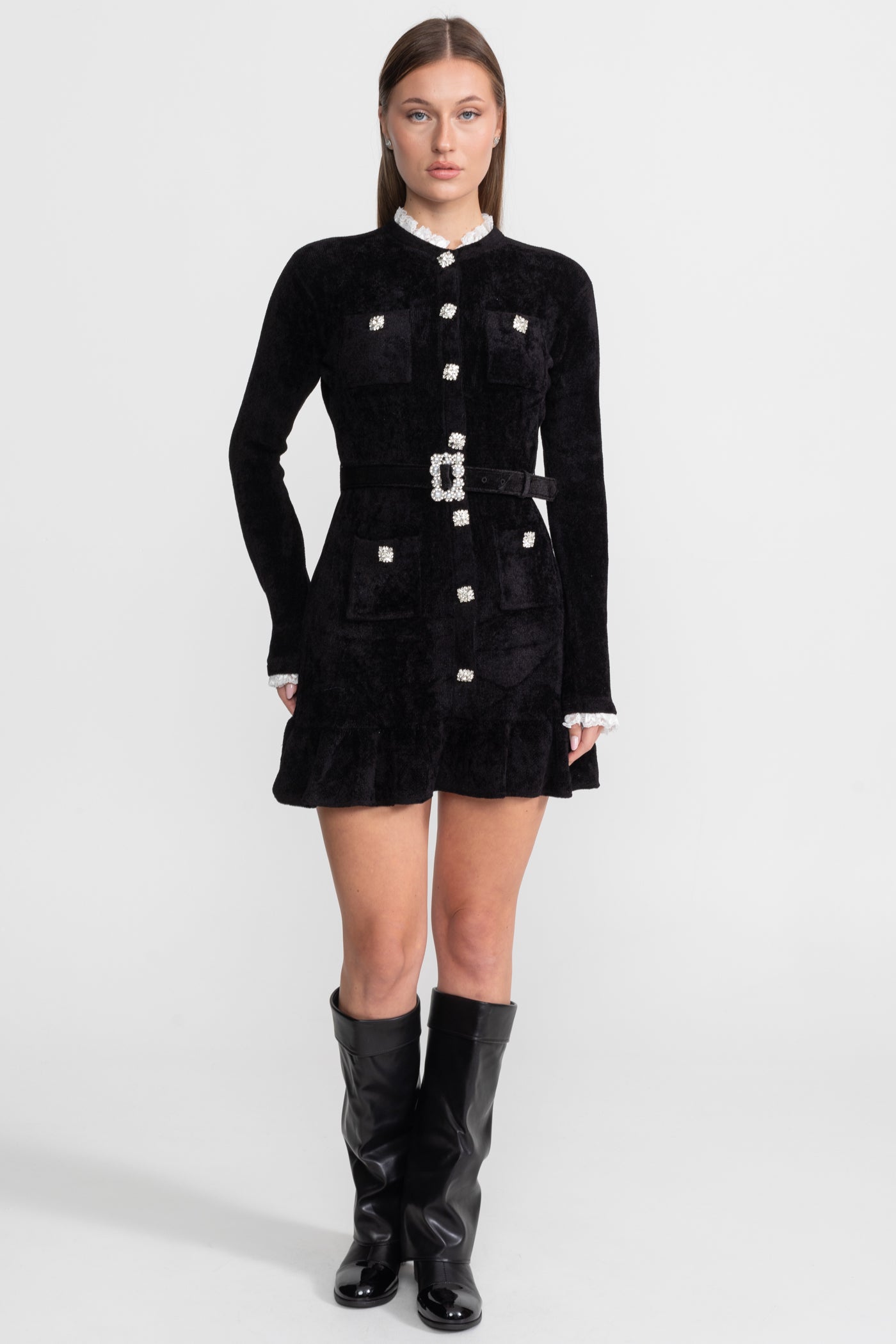Velvet Crystal-Button Mini Dress With Matching Belt – Black
