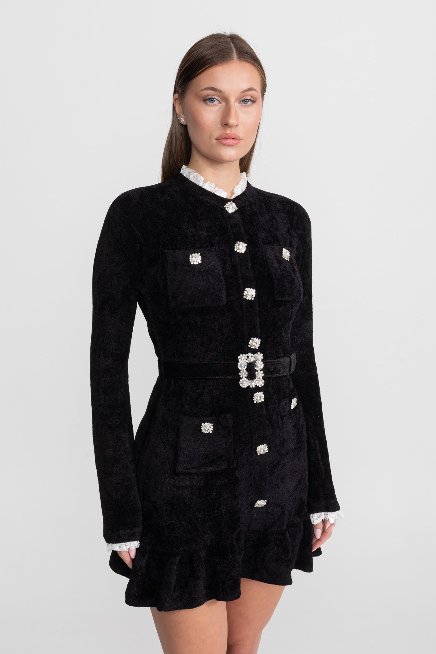 Velvet Crystal-Button Mini Dress With Matching Belt – Black