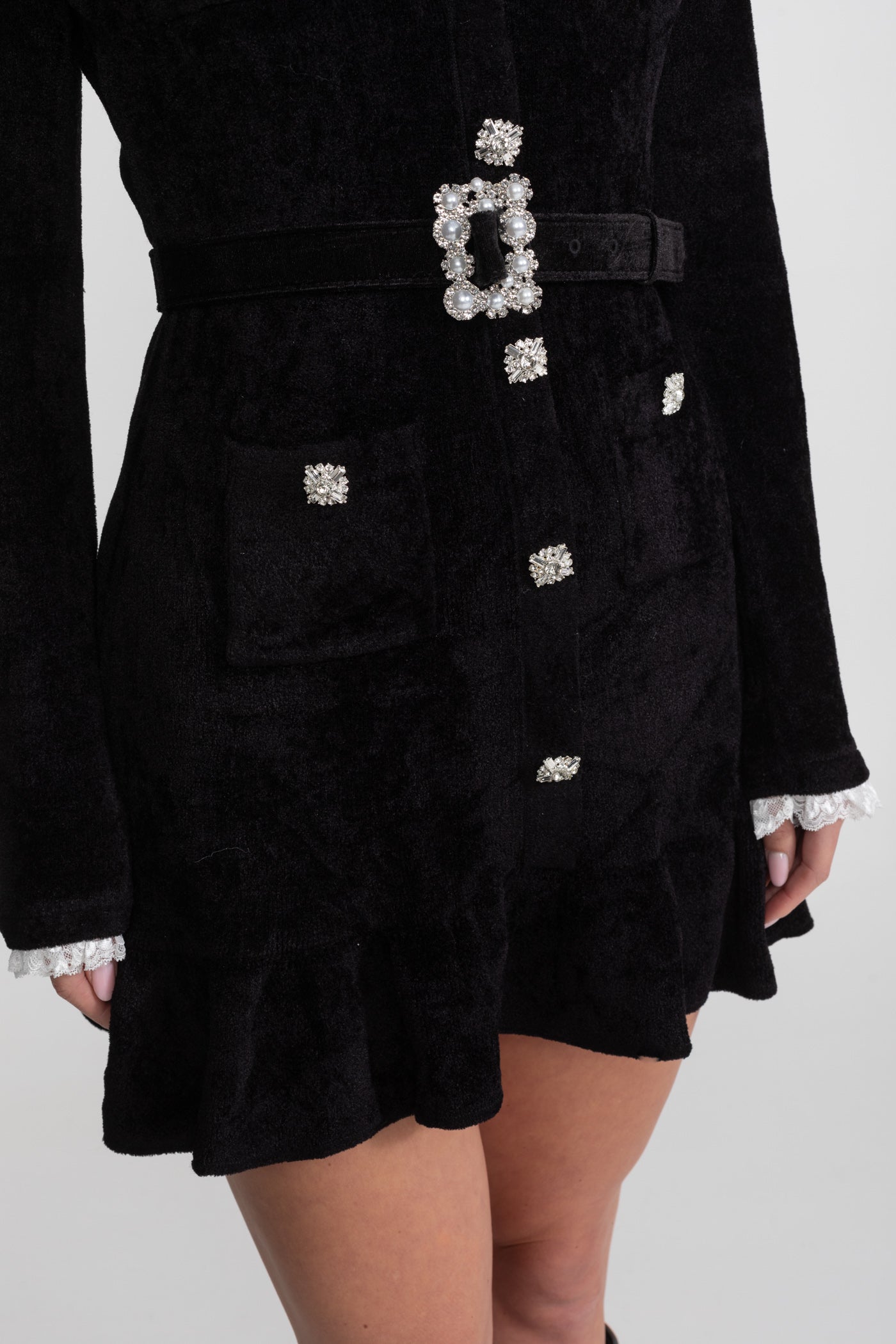 Velvet Crystal-Button Mini Dress With Matching Belt – Black