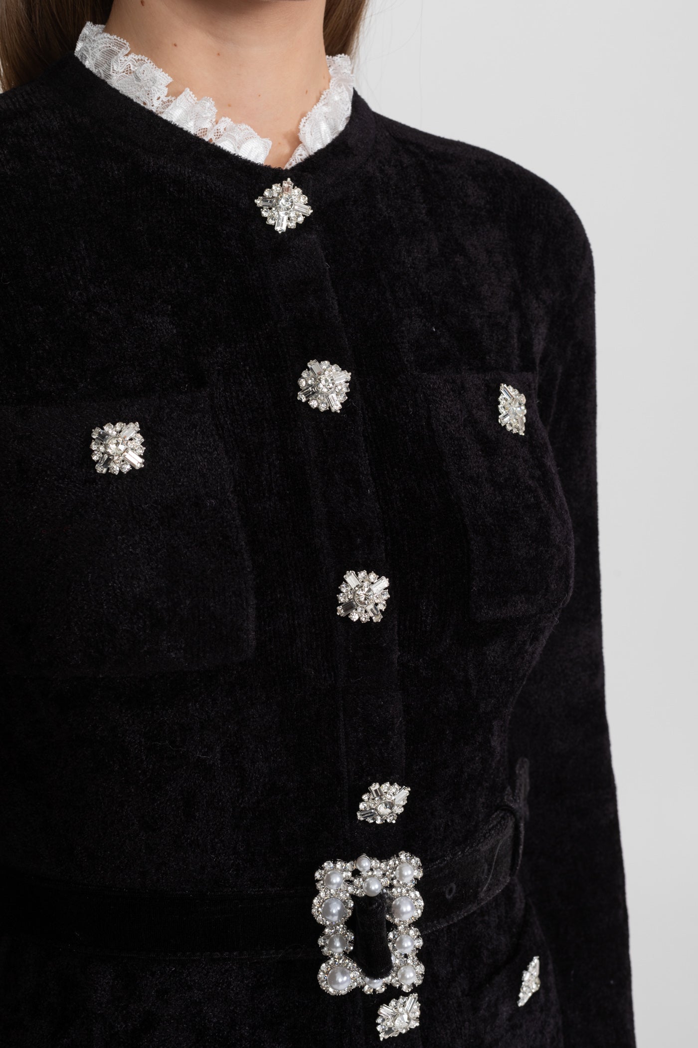 Velvet Crystal-Button Mini Dress With Matching Belt – Black