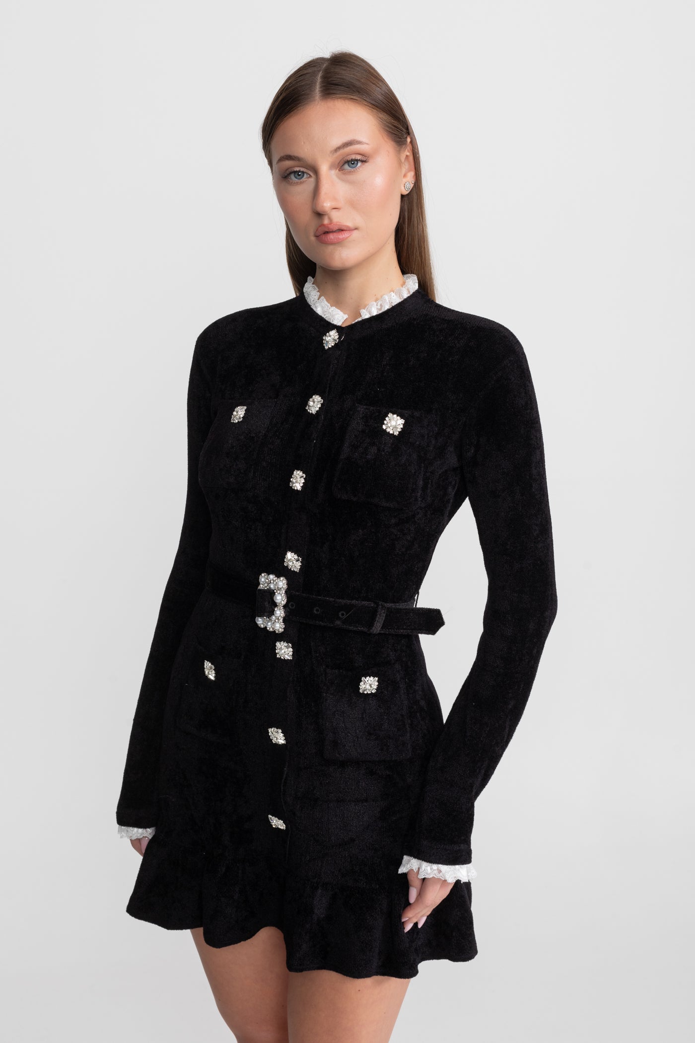 Velvet Crystal-Button Mini Dress With Matching Belt – Black