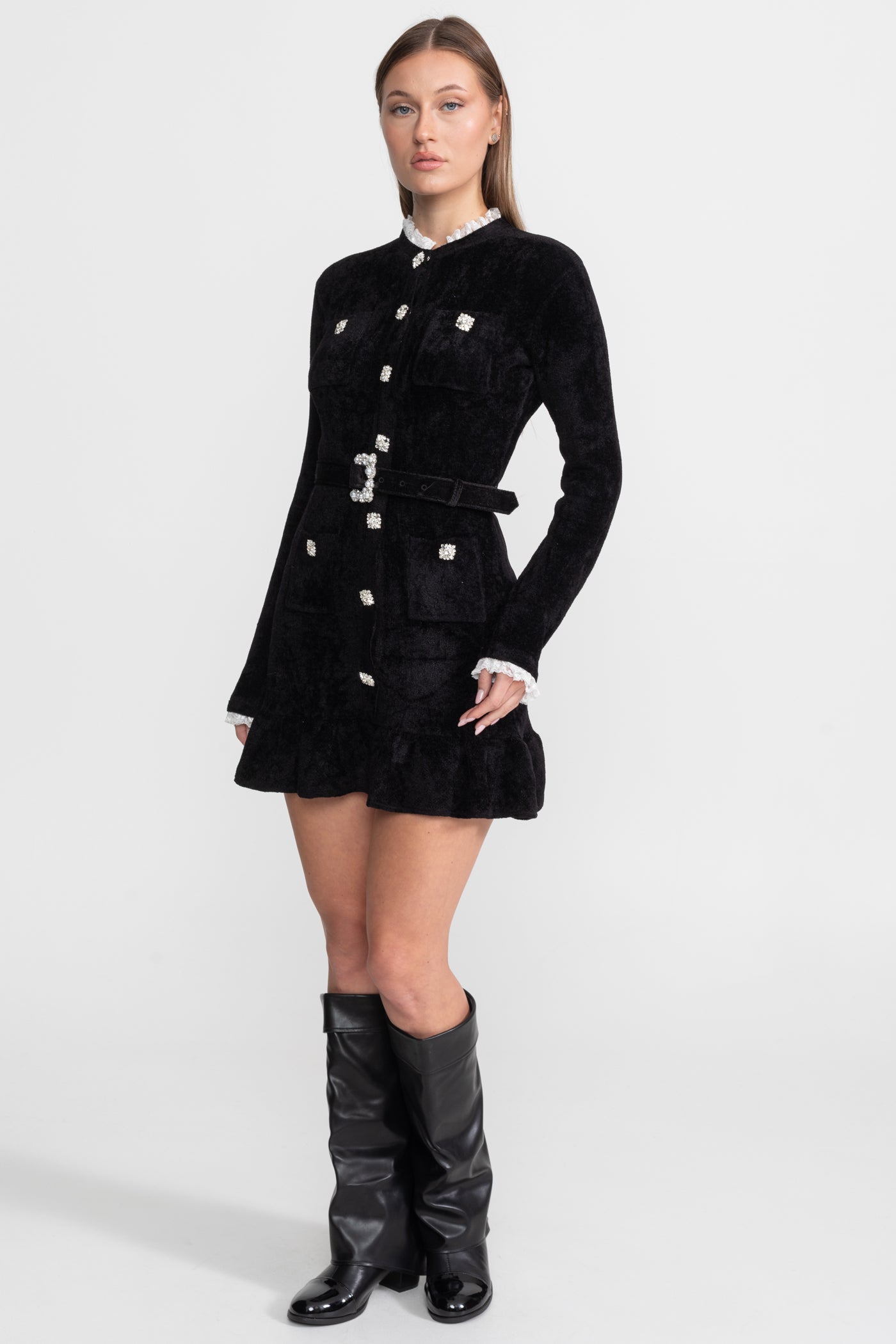 Velvet Crystal-Button Mini Dress With Matching Belt – Black