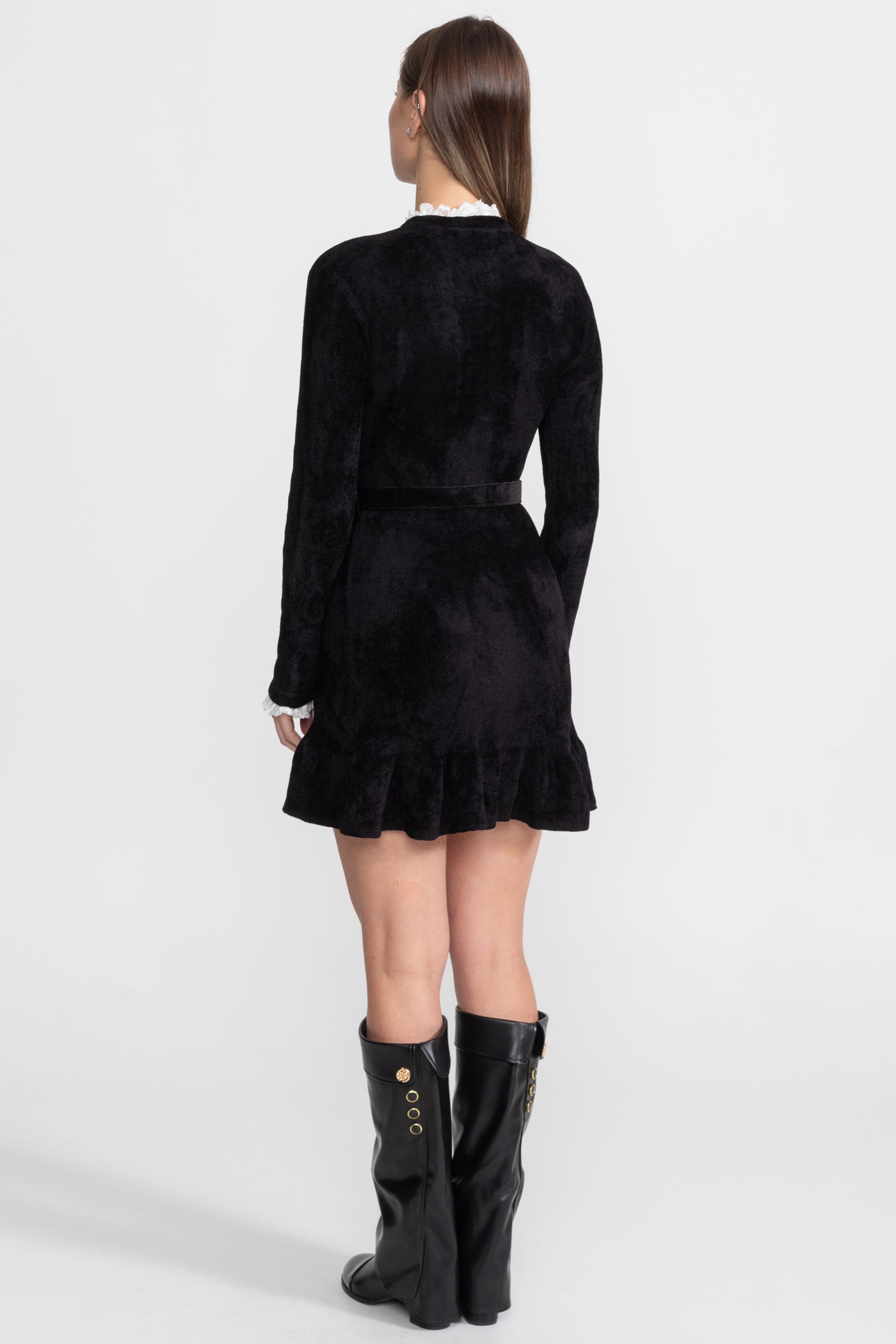 Velvet Crystal-Button Mini Dress With Matching Belt – Black