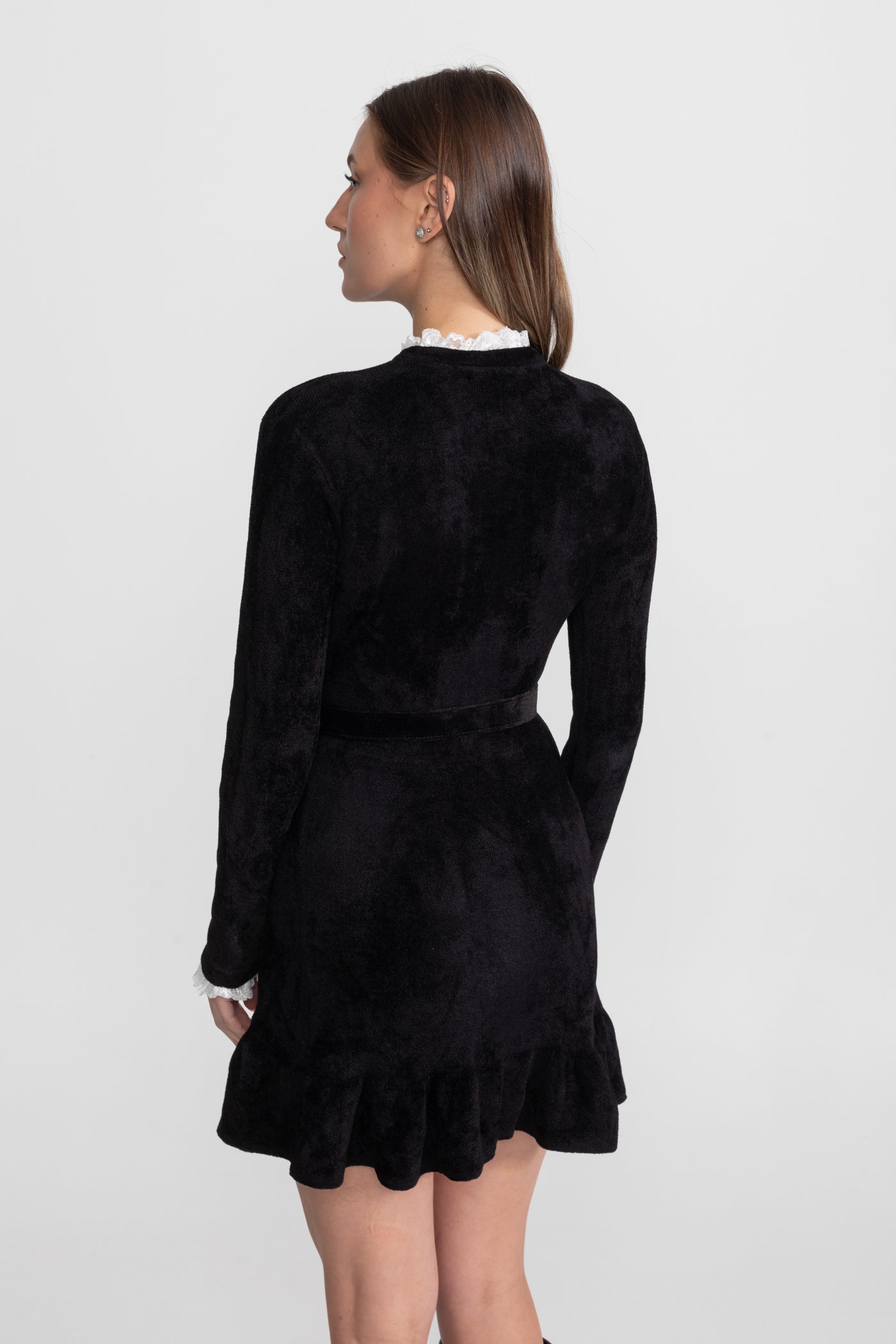 Velvet Crystal-Button Mini Dress With Matching Belt – Black
