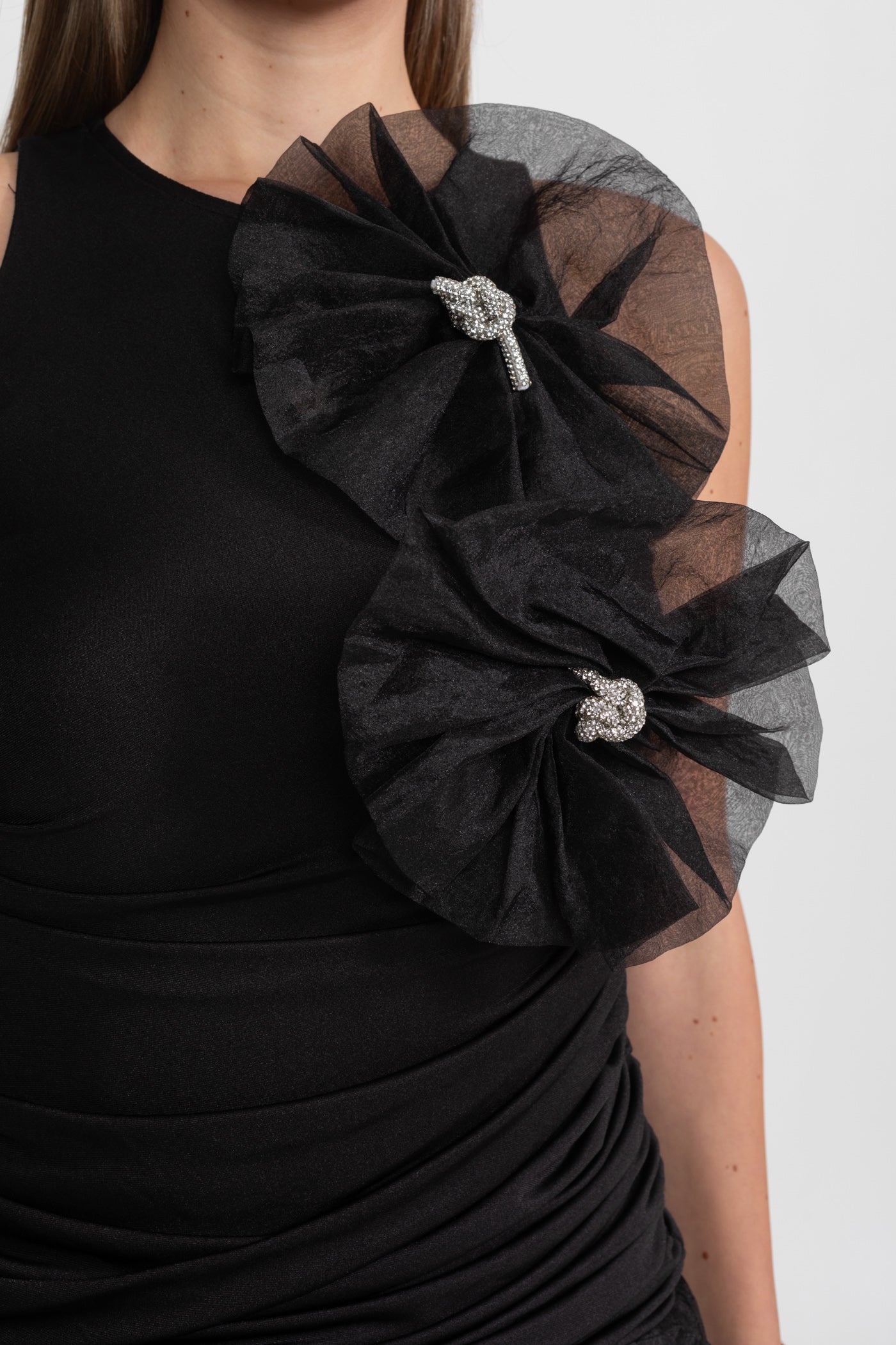 Ruffled Mini Dress with Tulle Appliqué – Black